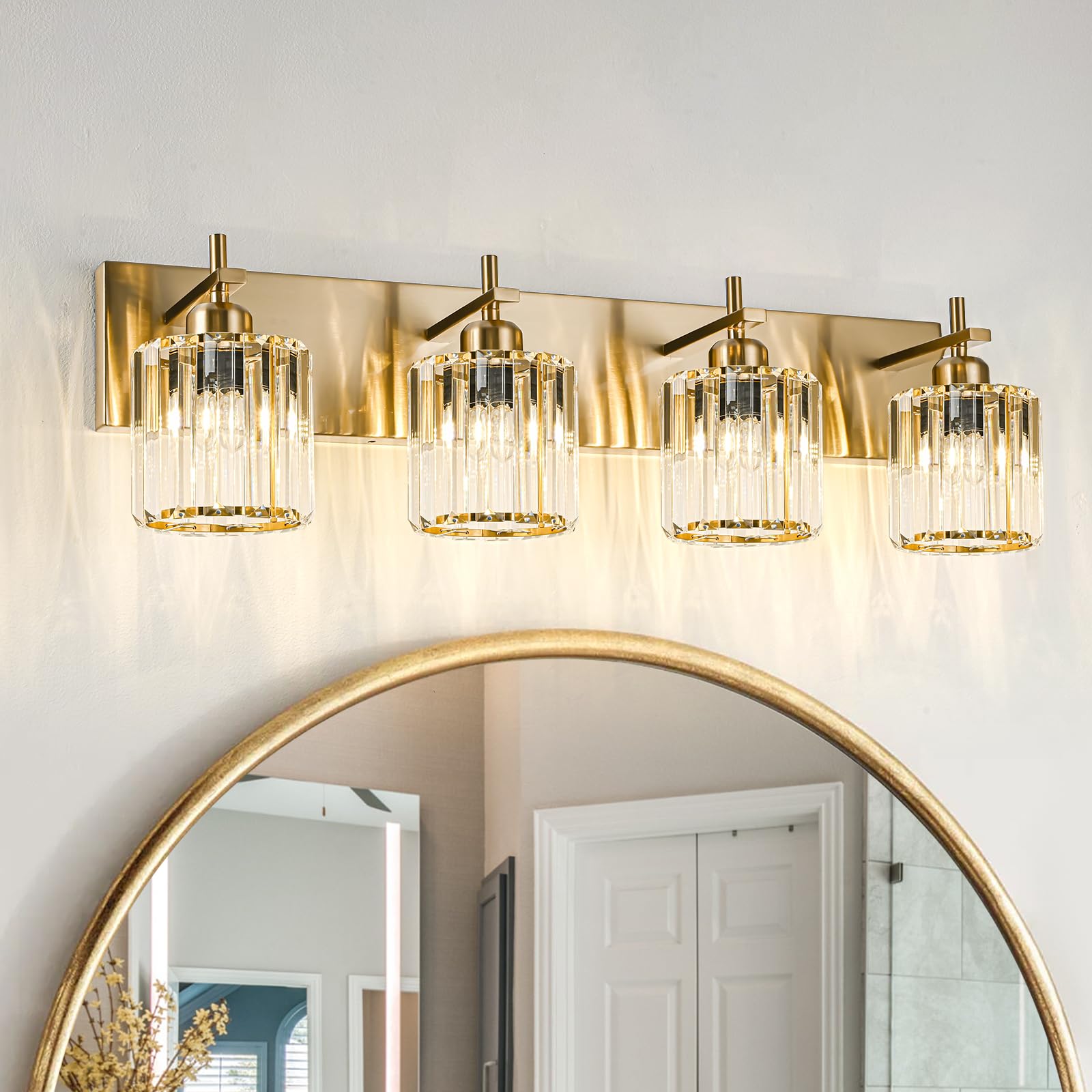 HUOKU Modern Crystal Bathroom Vanity Lights, 4-Light, Gold Finish, Metal and Crystal, Over Mirror Fixtures