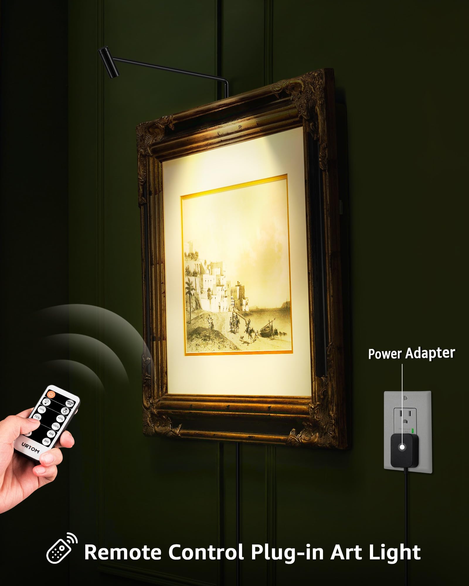 URTOM LED Picture Light, 120V Art Light with Remote & Timer, Dimmable, 3000K, Black, Model PALA01H, 1 Pack