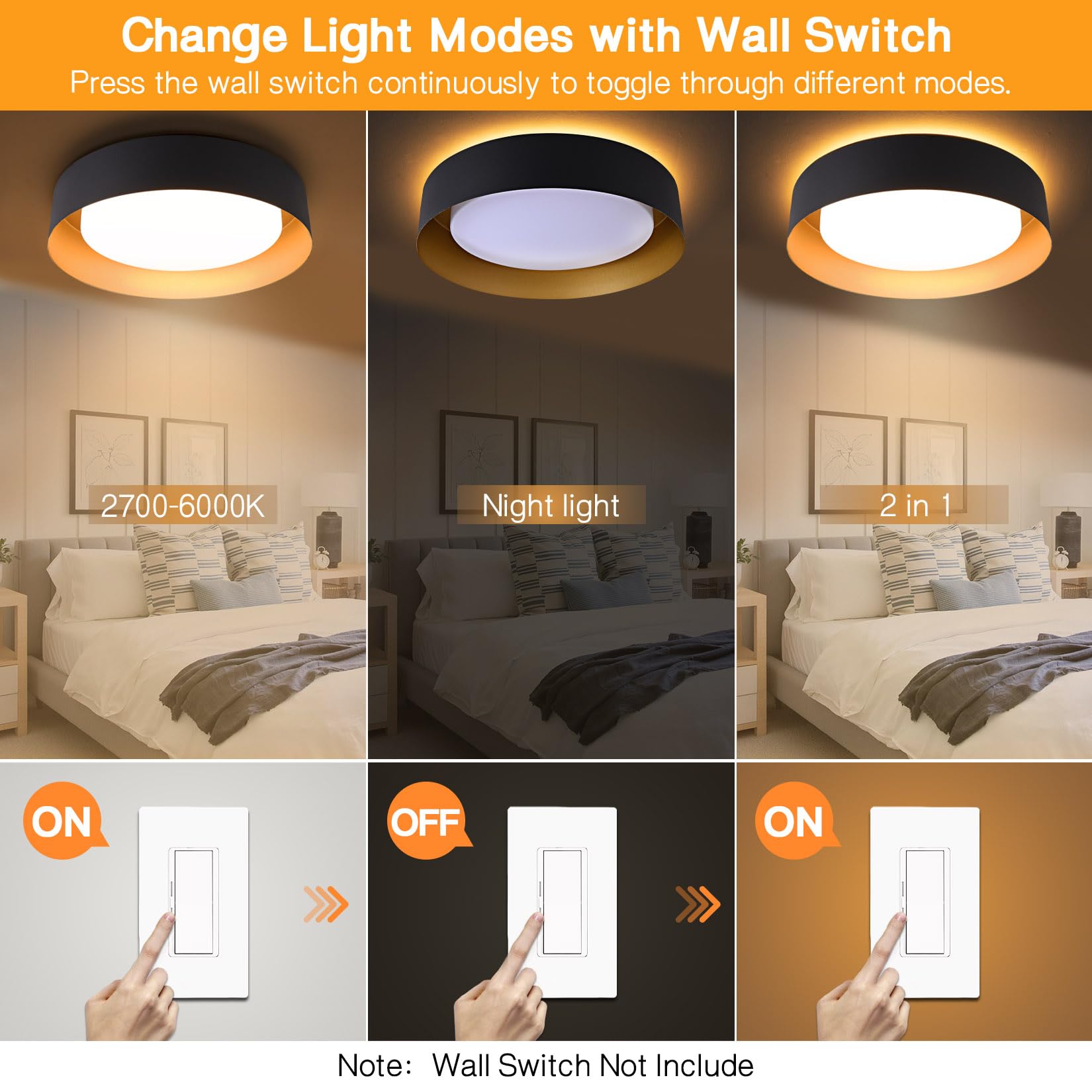 Bargeni Flush Mount Ceiling Light,12.5 Inch Led Ceiling Light With Night Light,Matte Black With Gold Inside,24W/2700K/3000K/4000