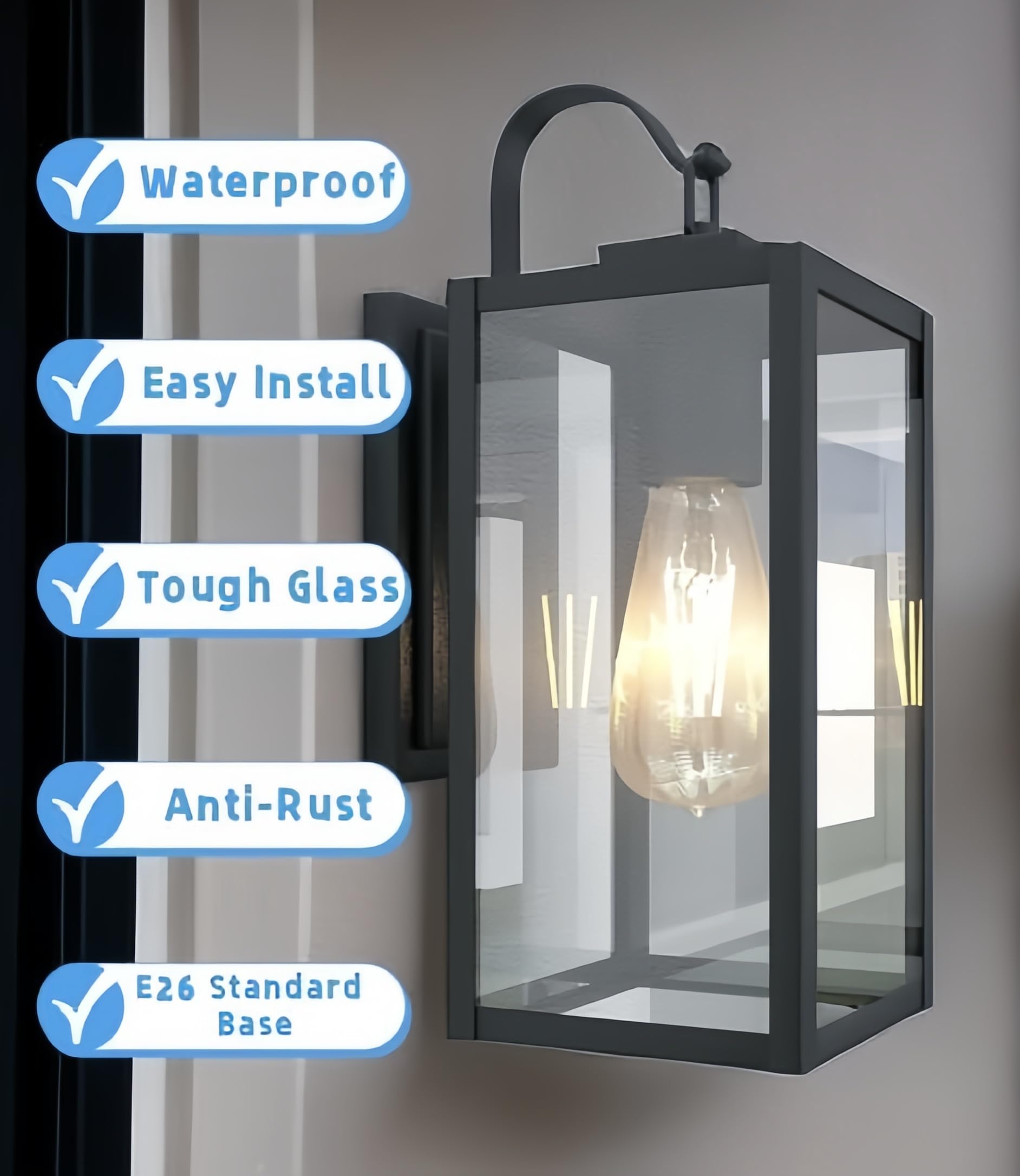 Wisbeam Black 13.7In Outdoor Wall Lantern For House, Black Outdoor Porch Sconce Light Fixture, E26 Base 60W Max, Metal Housing P