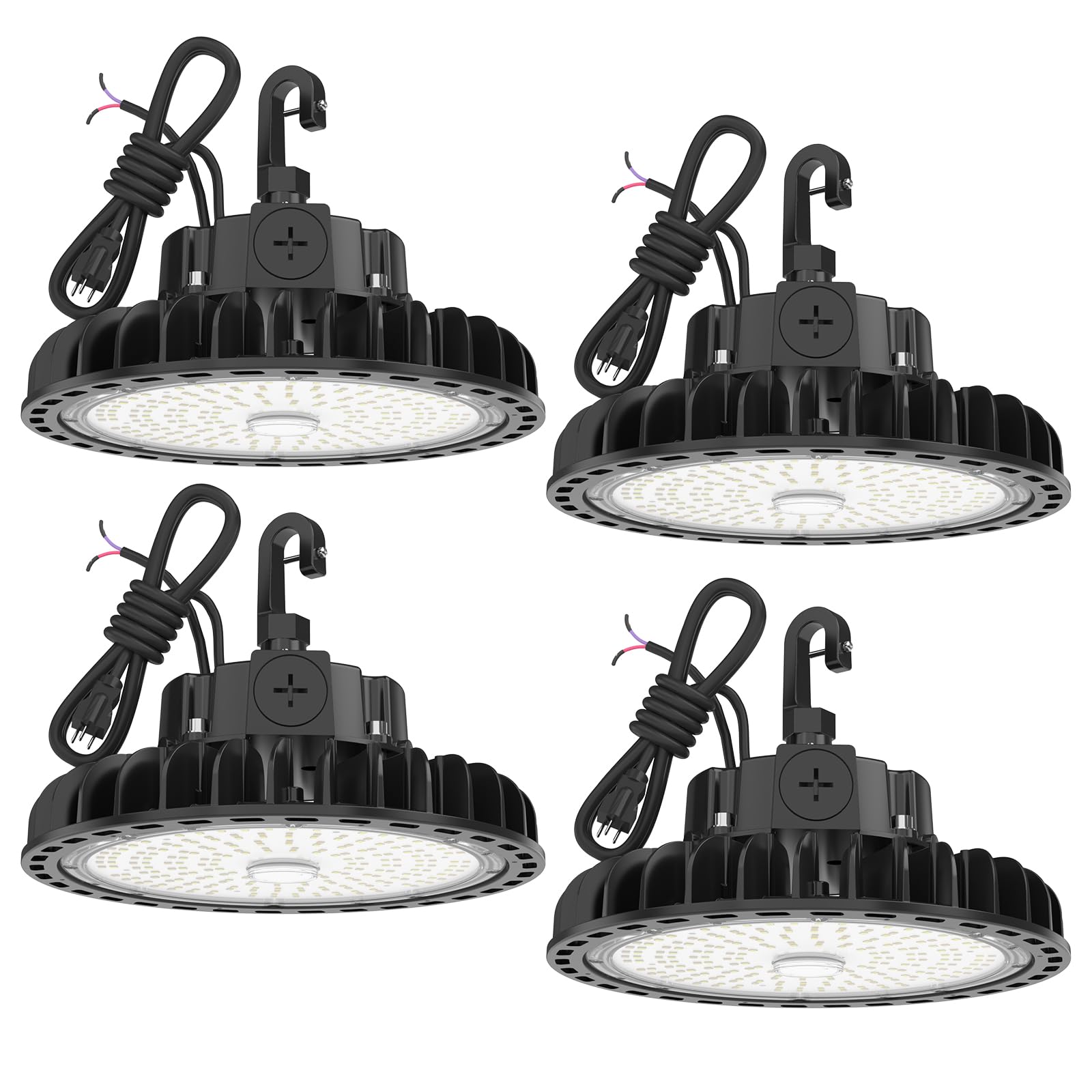 HYPERLITE 4Pack LED UFO High Bay Lights 100W 14,500LM (145lm/w) 5000K 1-10V Dimmable 5' Cable with 110V Plug Hanging Hook Safe R