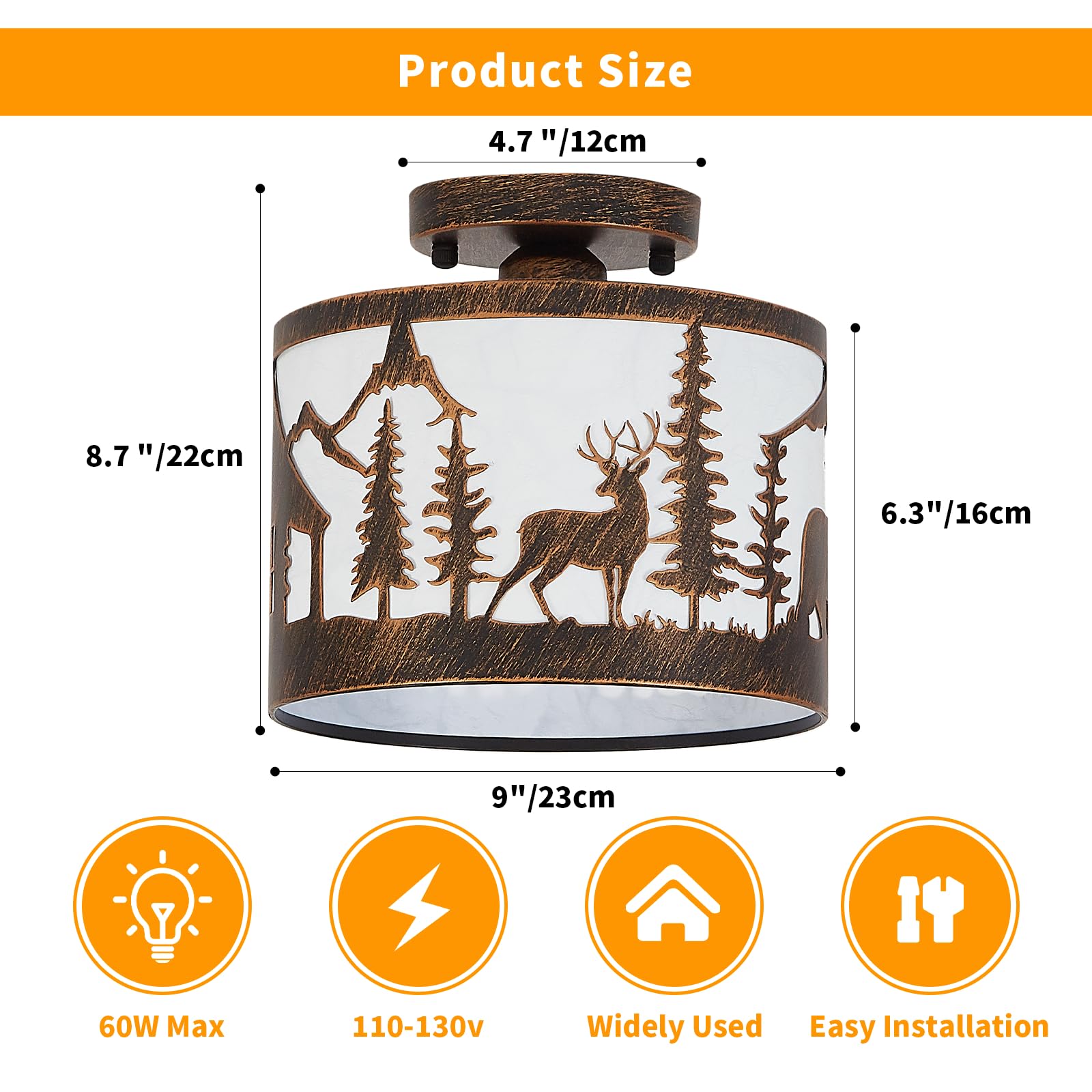 Monaxon Rustic Semi Flush Mount Ceiling Light, Black Metal, Wildlife Forest Theme, E26 Base, 9.1in Round, With Shade