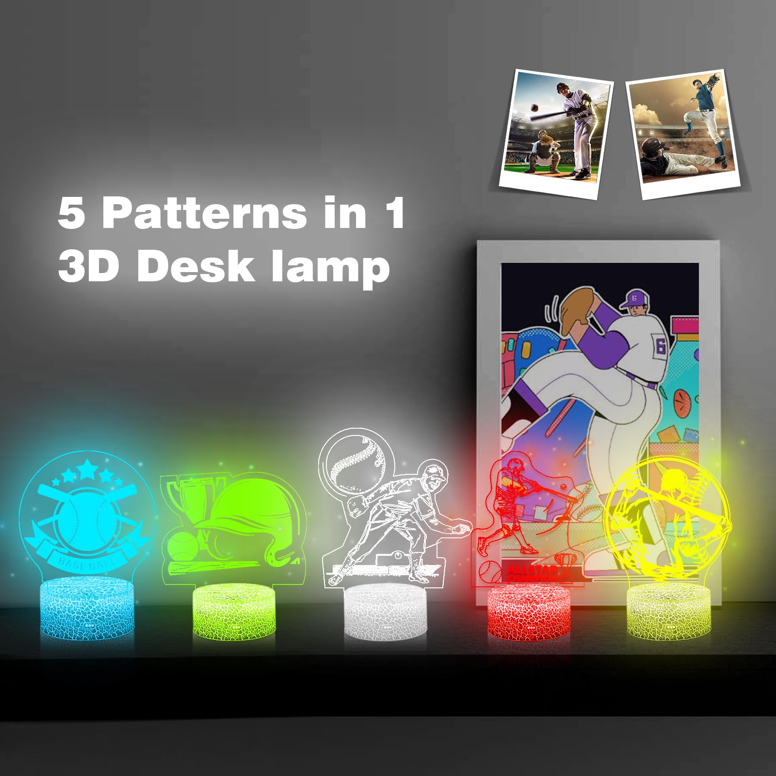 Shellvcase 3D Baseball Night Light, 5 in 1 Set with Remote, 16 Colors, Acrylic, Model 3736651, 5Pcs Baseball Gift for Boys