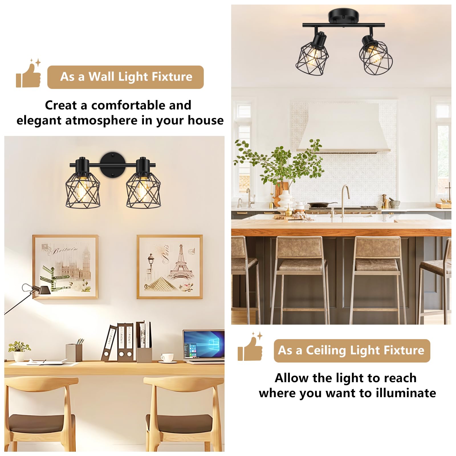 Baocuz 2-Lights Ceiling Light Fixtures, Adjustable Metal Wire Cage, Vintage Style, Black, Model BTCL-2 Light