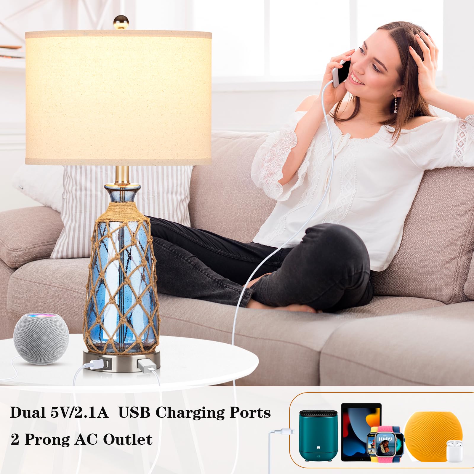Ruzectt Coastal Glass Table Lamps - 3-Way Dimmable, Touch Control, 2 USB Ports, AC Outlet, Blue, LED Bulbs Included