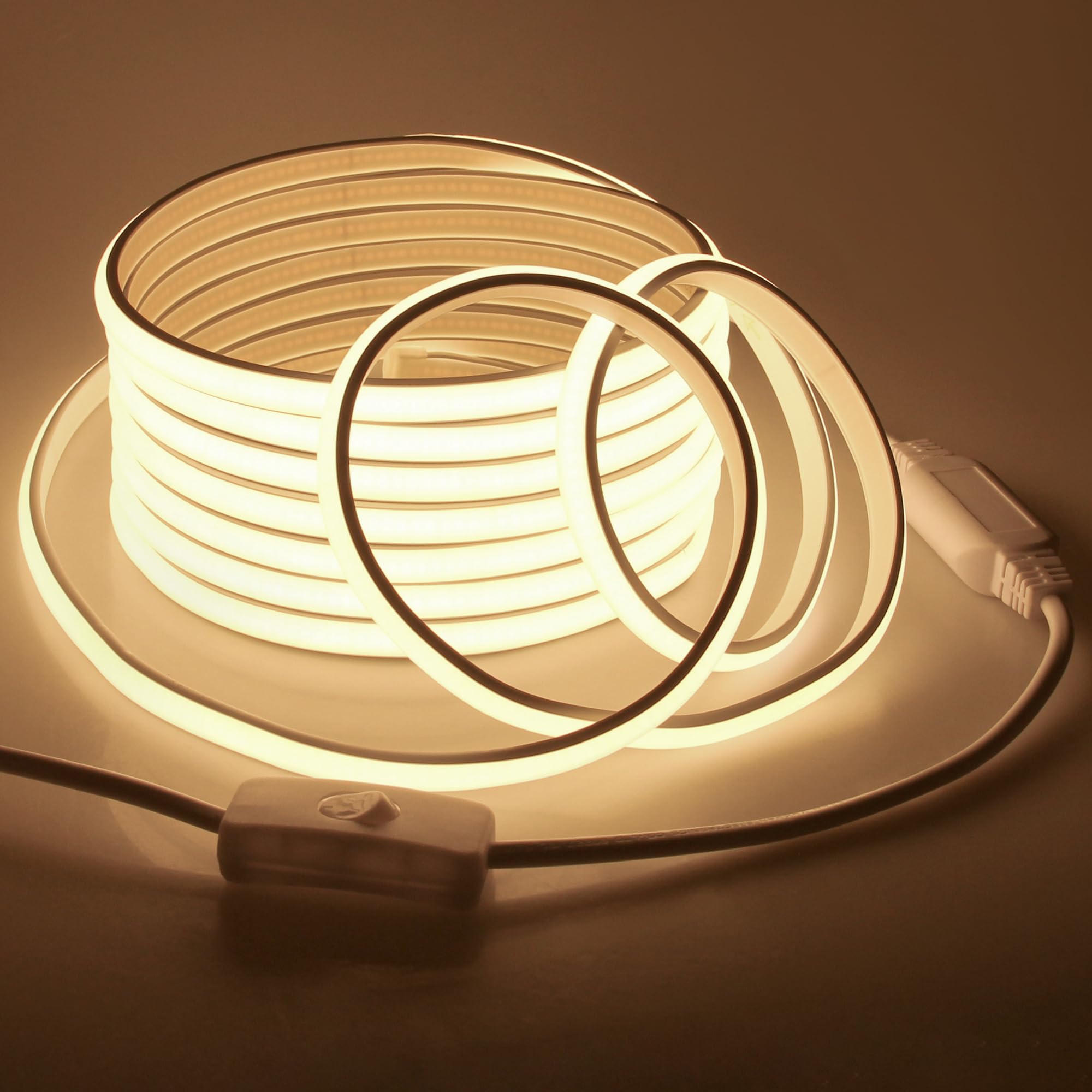 Samsion 10FT COB LED Band Lights 110V 3000K Warm White COB Led Rope Lights Outdoor Waterproof with Switch Plug in 288Leds/M High Density AC110V-120V LED Tape Lights for Bedroom Backyards Holiday 3M