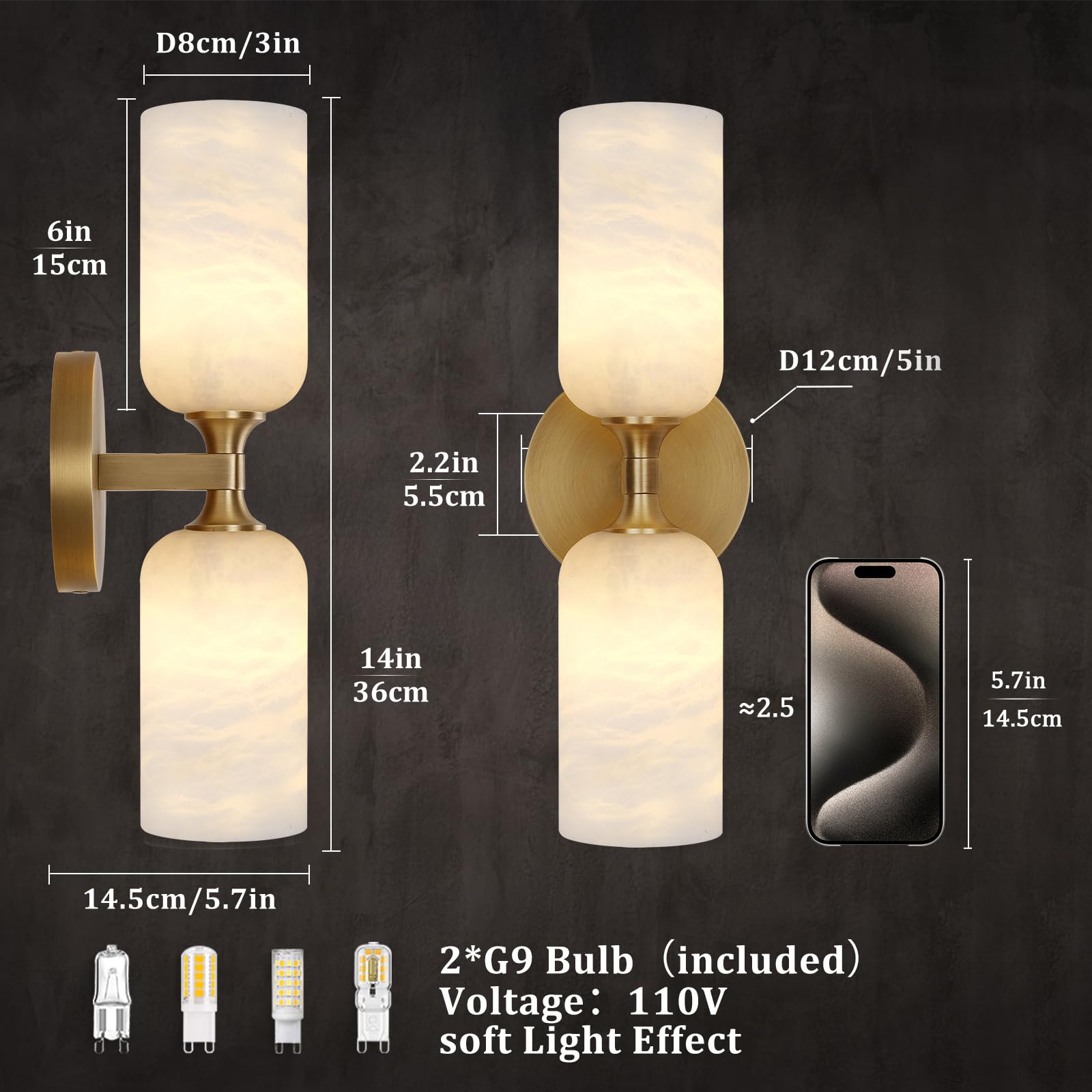 Alabaster Wall Sconce 14In Modern Spanish Natural Marble Bathroom Vanity Sconces  Antique Brass Sconces Wall Lighting  Gold Wall Light Fixtures Decor  For Bedroom Living Room Staircases Hallway