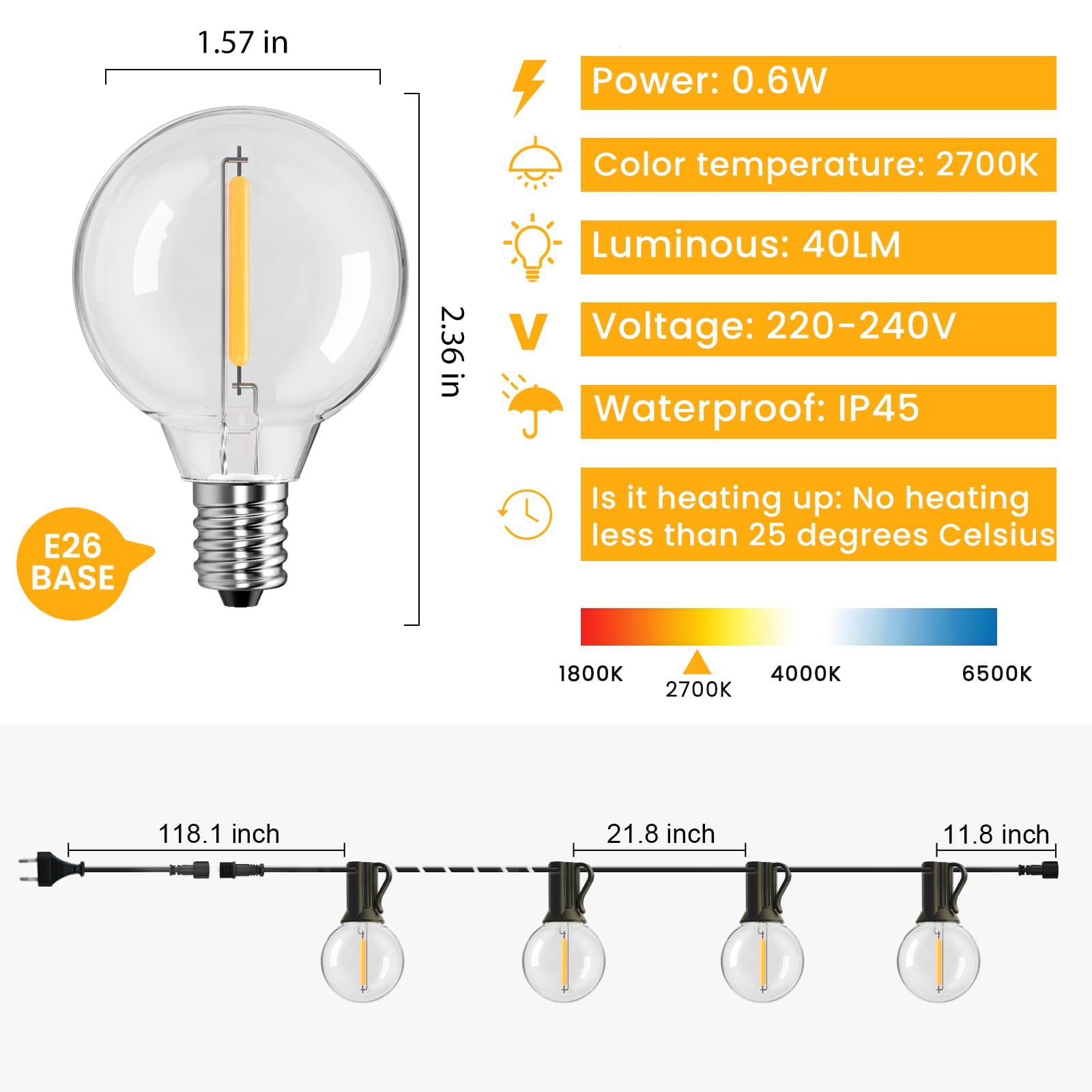 GLOBELIT Outdoor String Lights G40 100FT 50+2 Bulbs IP45 Waterproof Warm White Black Mains Powered Garden Lights