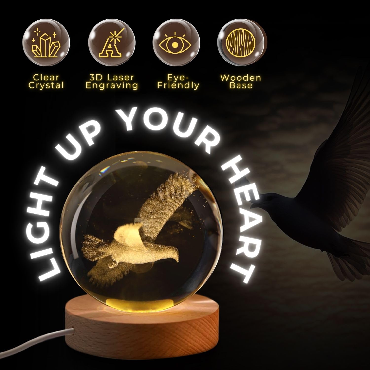 Flexzion 3D Bird Crystal Ball Night Light - 3.15" LED Glass Lamp, Gold Wood Base, Adjustable Brightness, USB Powered