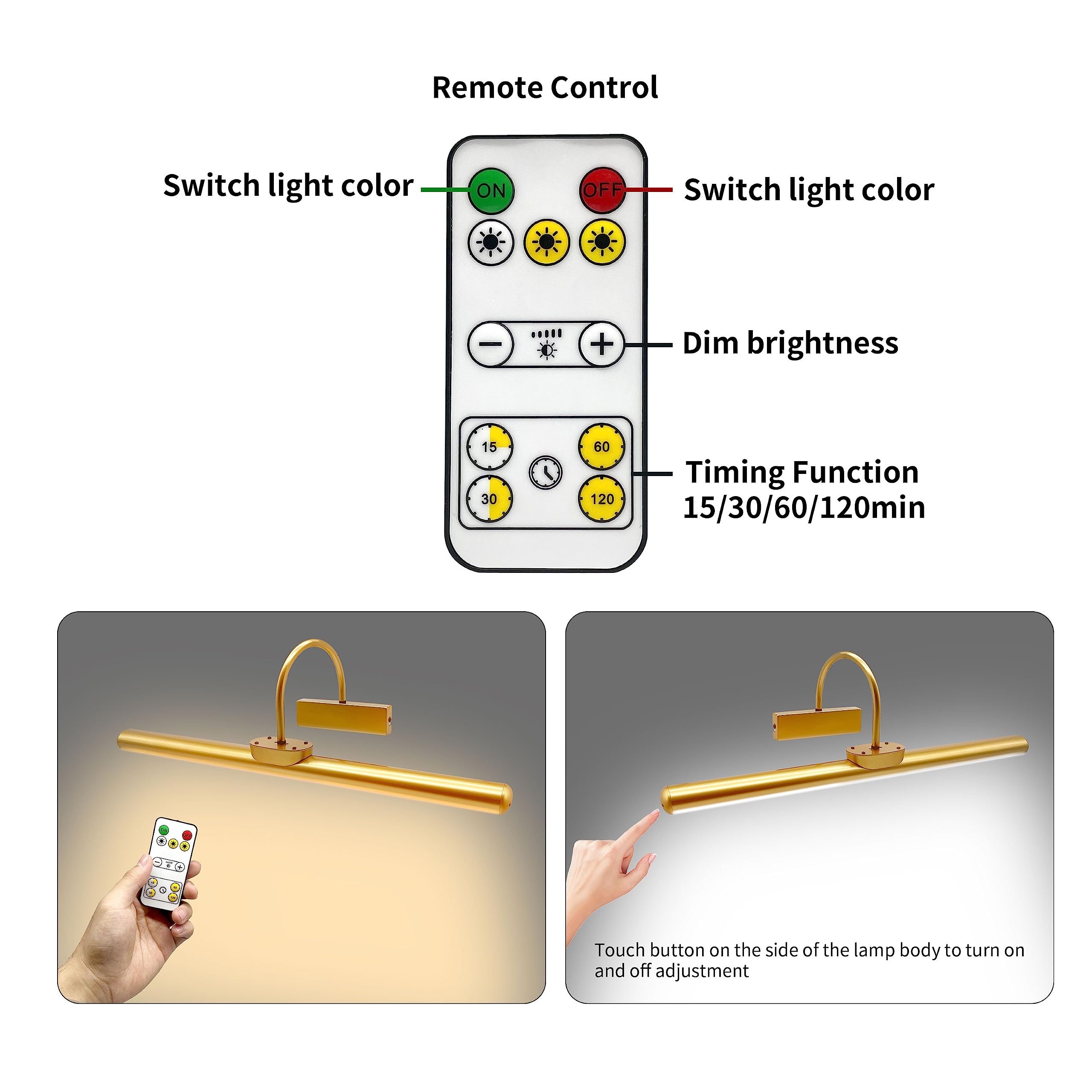 Lsvgoe 23" Wireless Picture Lights, Rechargeable Battery Art Display Light With Remote Control, Dimmable/Timer Off Dartboard Light, 3 Lighting Modes Full Metal Painting Display Lights (Black)