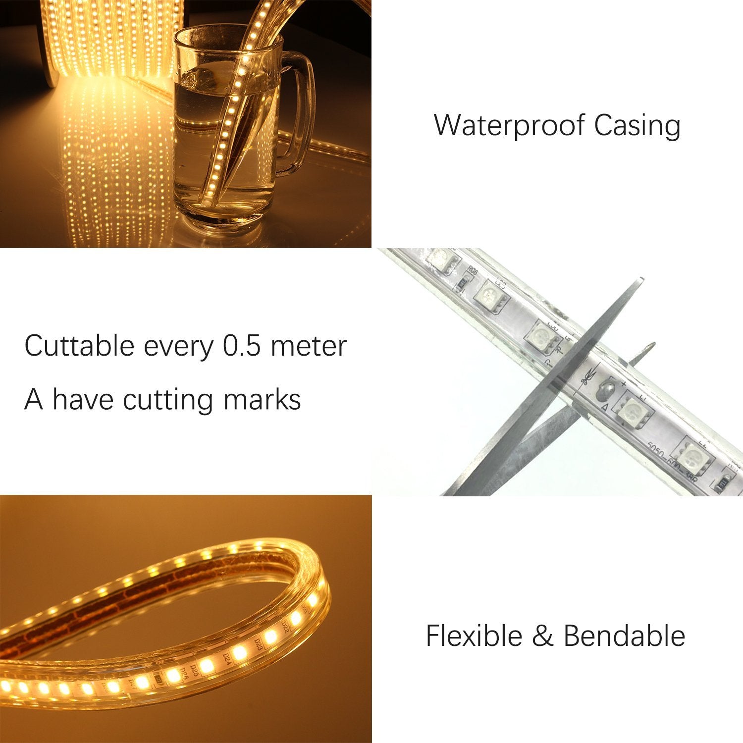 KERTME 5050-60 Type LED Strip Lights, Waterproof Dimmable, 5m/16.4ft, Warm White, Model 5050-WW-5M, with