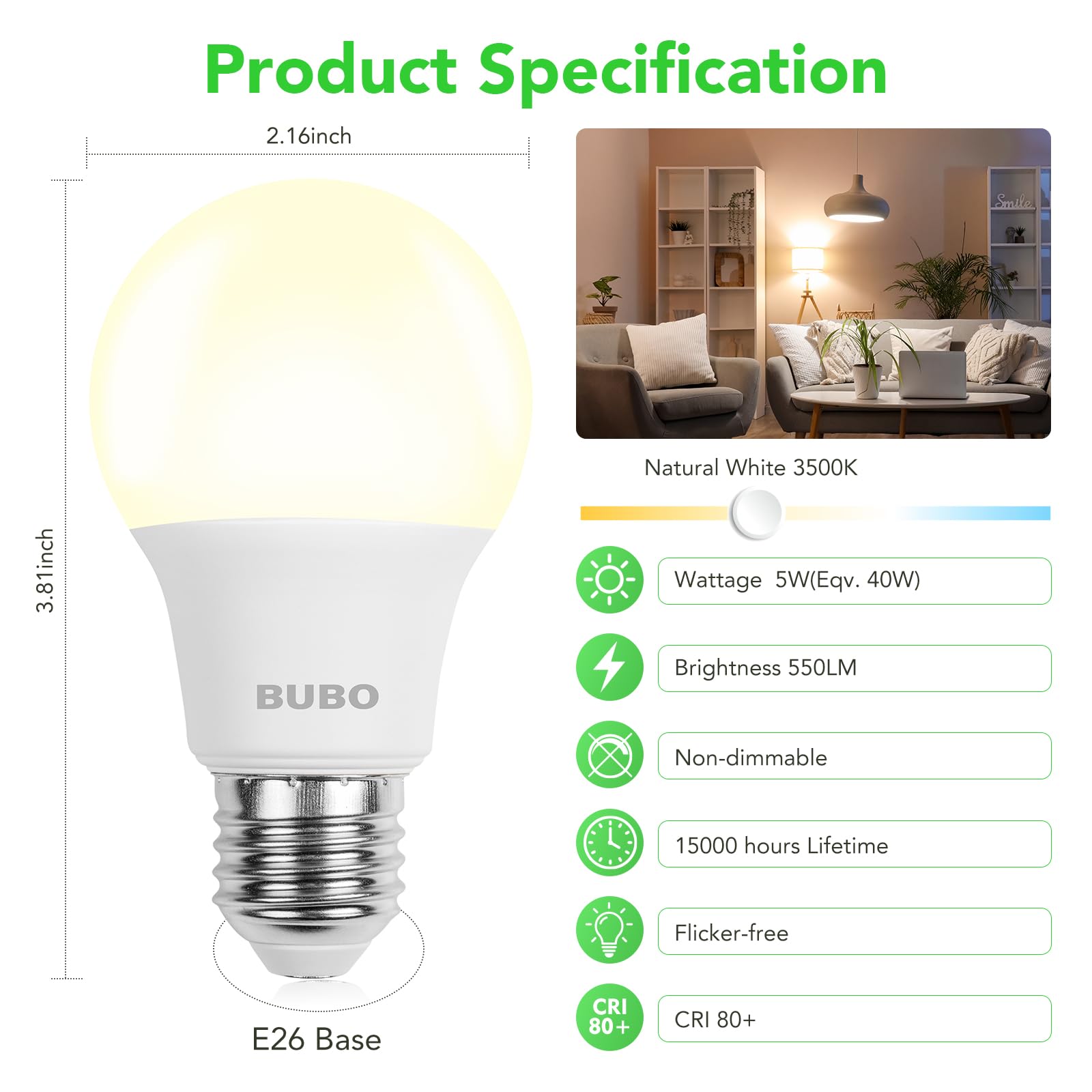 BUBO A19 LED Light Bulbs, 40W Equivalent, 550 Lumens, Non-Dimmable, 24 Pack, Natural White, Model BUA19E2605ABN