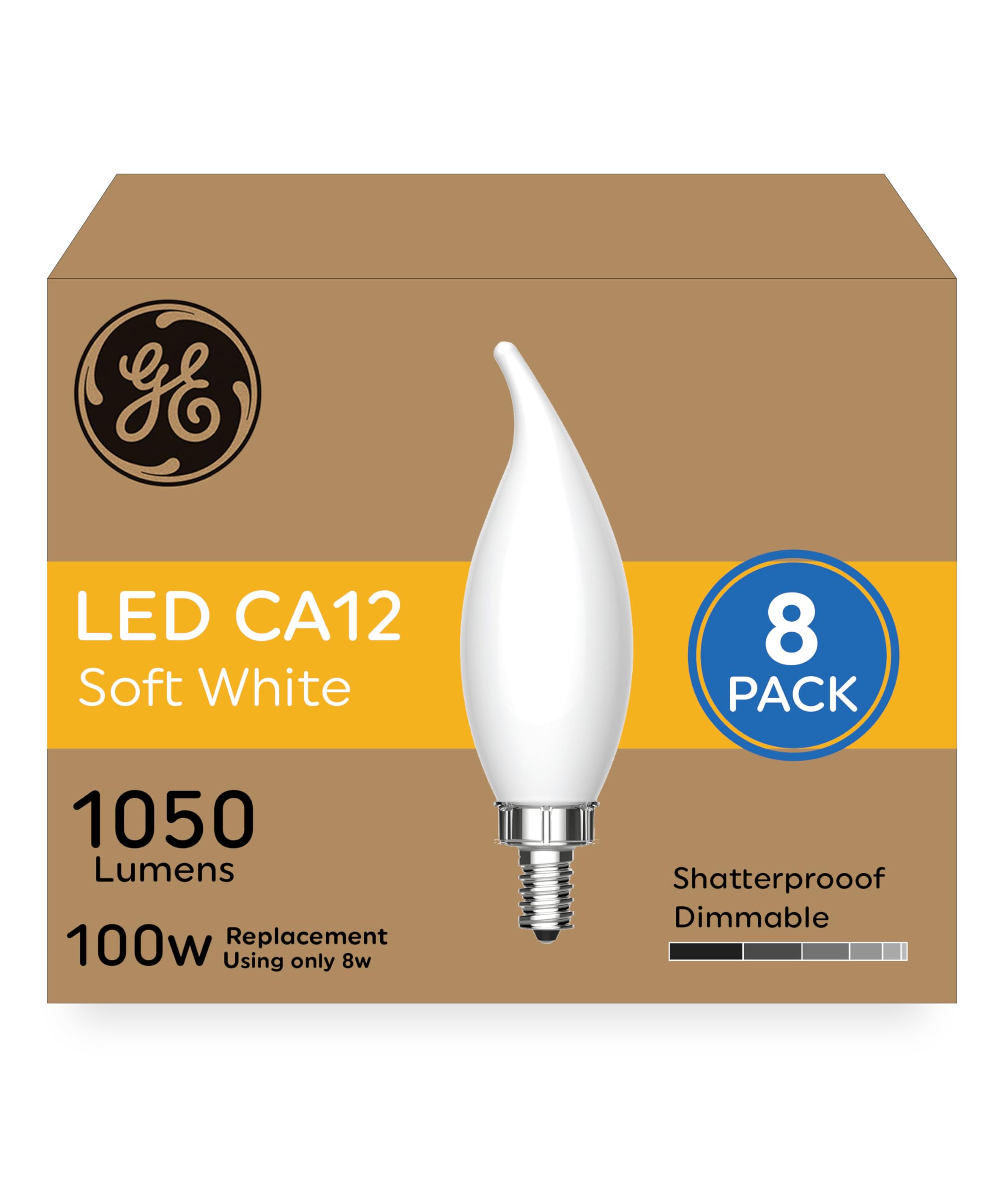Ge Ultra Bright Led Light Bulbs, 100W, Soft White Candle Lights, Frosted Decorative Ca12 Light Bulbs, Candelabara Base (8 Pack)