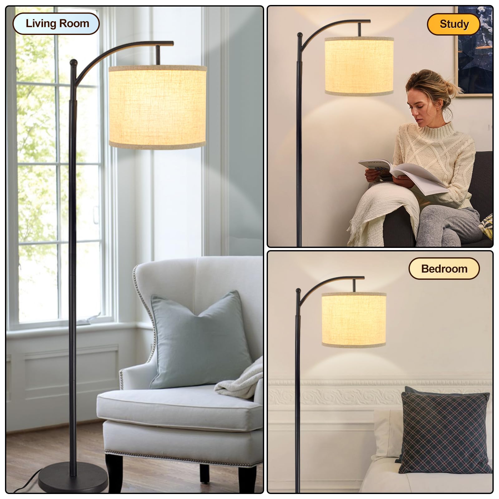 DINGLILIGHTING Modern Arc Floor Lamp, Industrial Metal Reading Light, 1 Light, Black with Flaxen Shade, Model WS-MNF1-60B