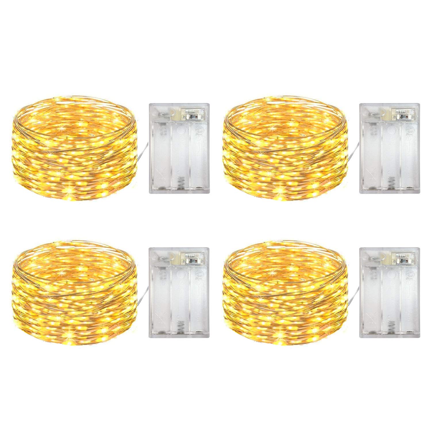 4 Pack Battery Operated Dewdrop Led Lights,Indoor Mini Fairy Lights With Timer Function,For Wedding Home Parties Christmas Holiday Decoration,6 Hours On/18 Hours Off ,30 Count Leds,10 Feet (Yellow)