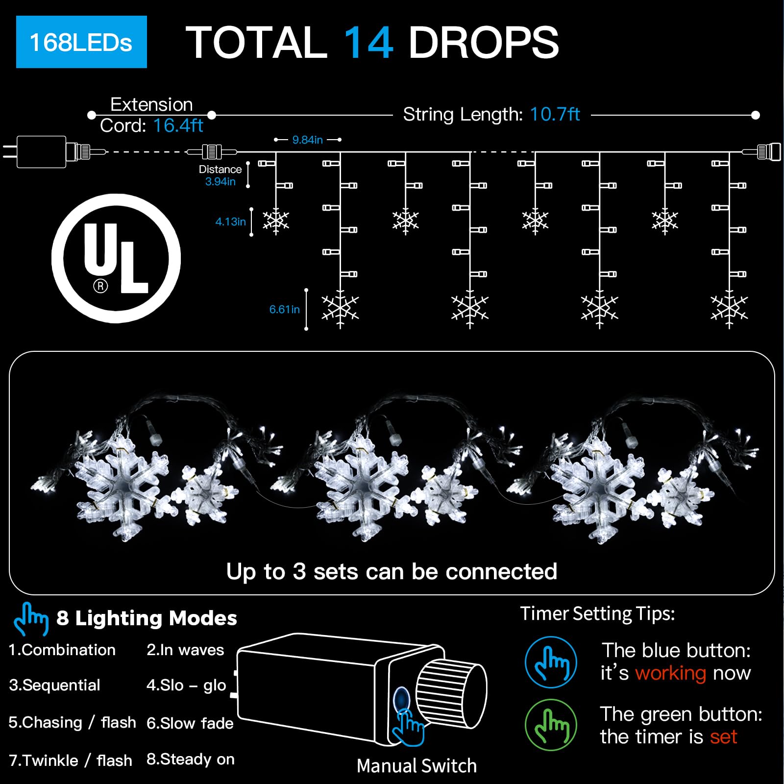 suddus Christmas Snowflake Lights Outdoor, 10.7ft 168 LED Connectable Holiday String Lights Plug in with 14 Drops, Hanging Icicl