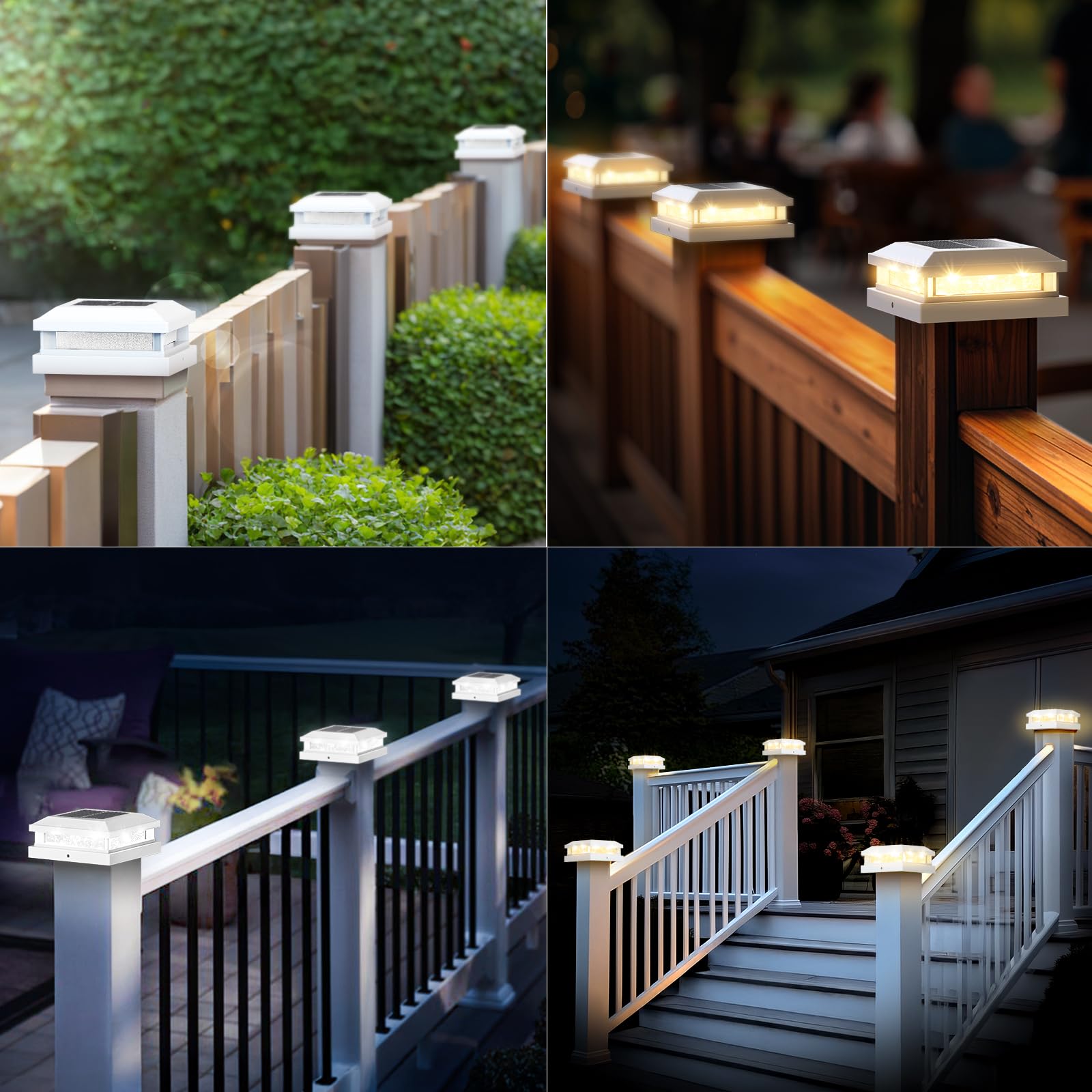 12-Pack Solar Post Cap Lights Outdoor  Waterproof Solar Powered Fence Post Lights For 4X4 4.5X4.5 5X5 Vinyl/Wooden  White Outside 16Leds Warm/Cool Lighting Deck Light For Garden  Patio  Porch