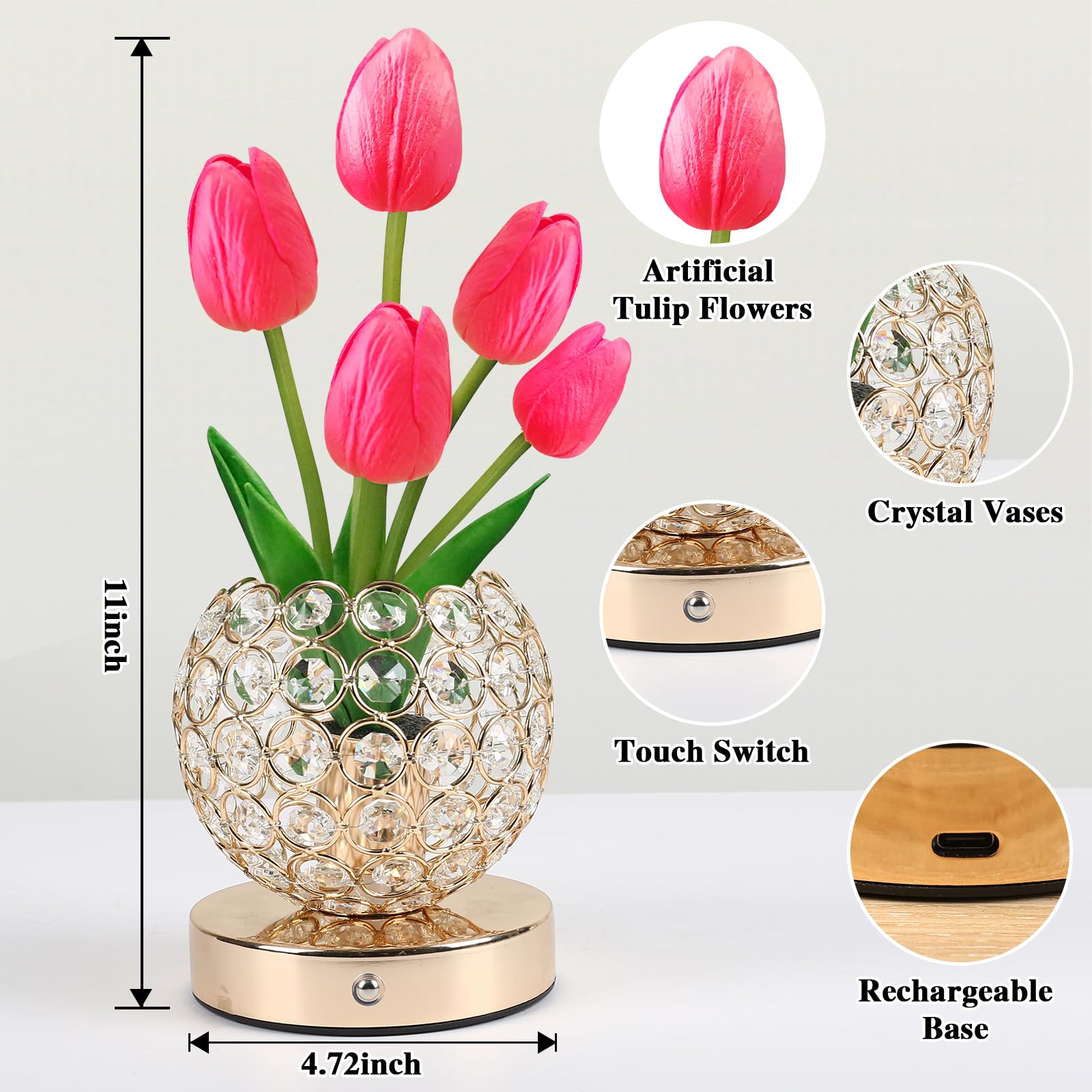Mothers Day Gifts/Birthday Gifts For Women/Mom Table Lamp, 3 Color Crystal Flower Bedside Lamps Infinitely Dimming With Usb Char