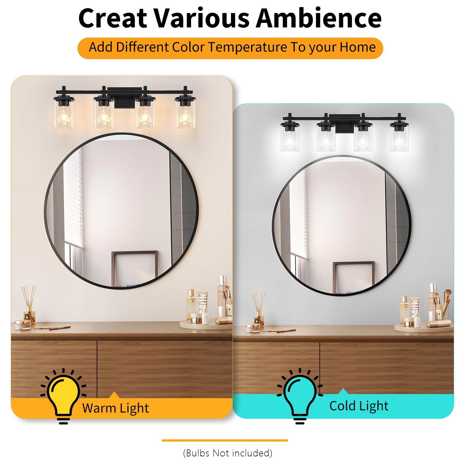 Spiglamm 4-Lights Matte Black Bathroom Light Fixture, Modern Black Vanity Lights Over Mirror With Clear Glass Shade, Bathroom Wa