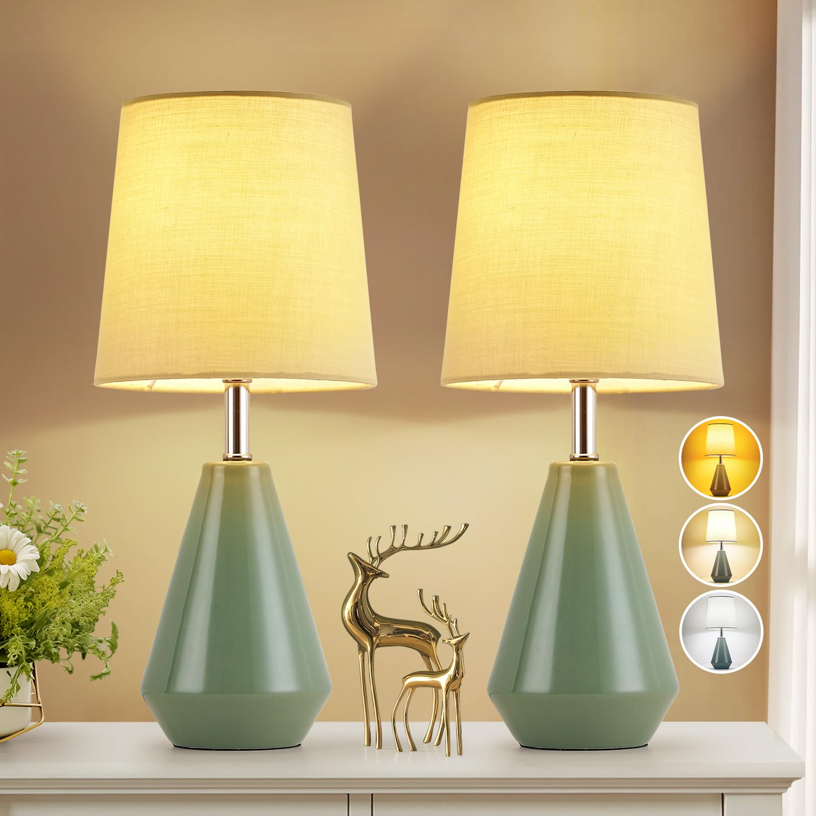 bdayanx Small Bedside Table Lamp for Bedroom-Desk Lamp Set of 2, with 3 Way Dimmable Touch,12'' Nightstand Ceramic Lamp with Fab