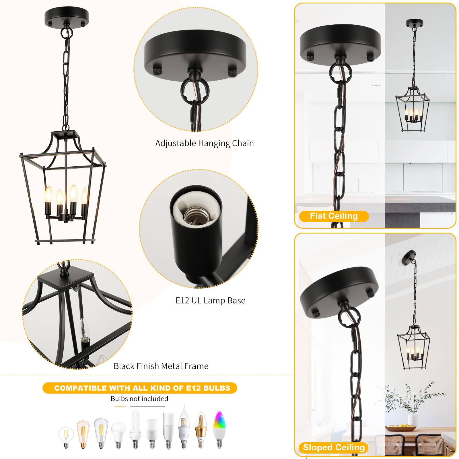 Foucasal Black Lantern Pendant Light 4-Light Pendant Light Fixtures Hanging Farmhouse Chandelier With E12 Bulb Base, 12'' Adjust
