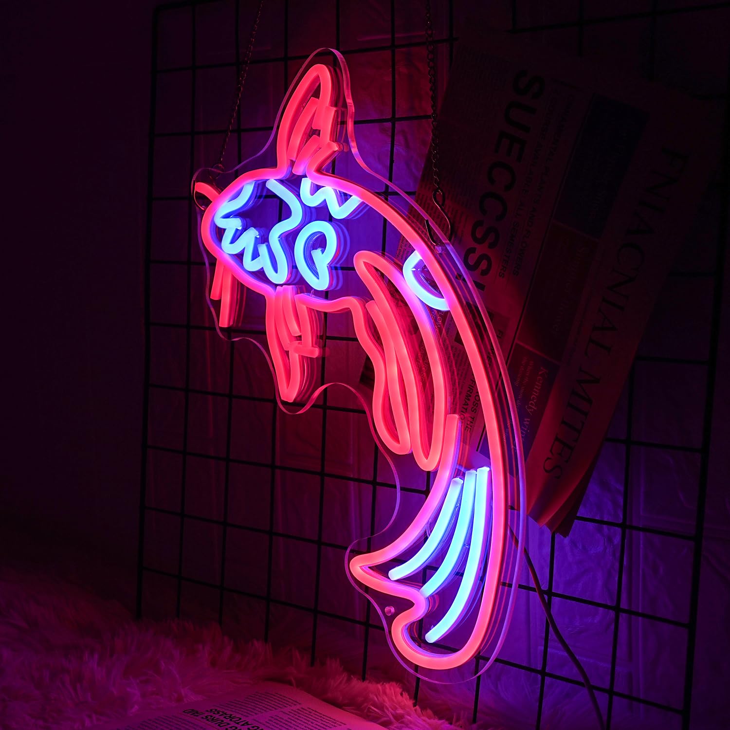 LMSIGNLY Koi Fish Neon Sign LED Wall Decor 17inx9.5in Red & Blue Lucky Fish Neon Light for Bar, Restaurant, Office, Living Room