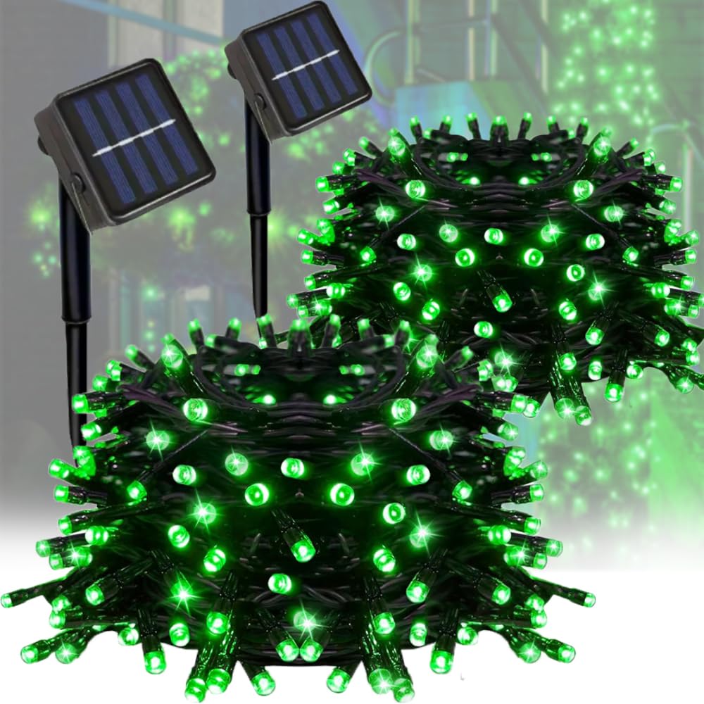 Taoushuleng 2 Pack Solar Green String Lights Outdoor, Total 200 LED Each 40Ft with 8 Lighting Modes for Yard, Fence,Balcony, Par
