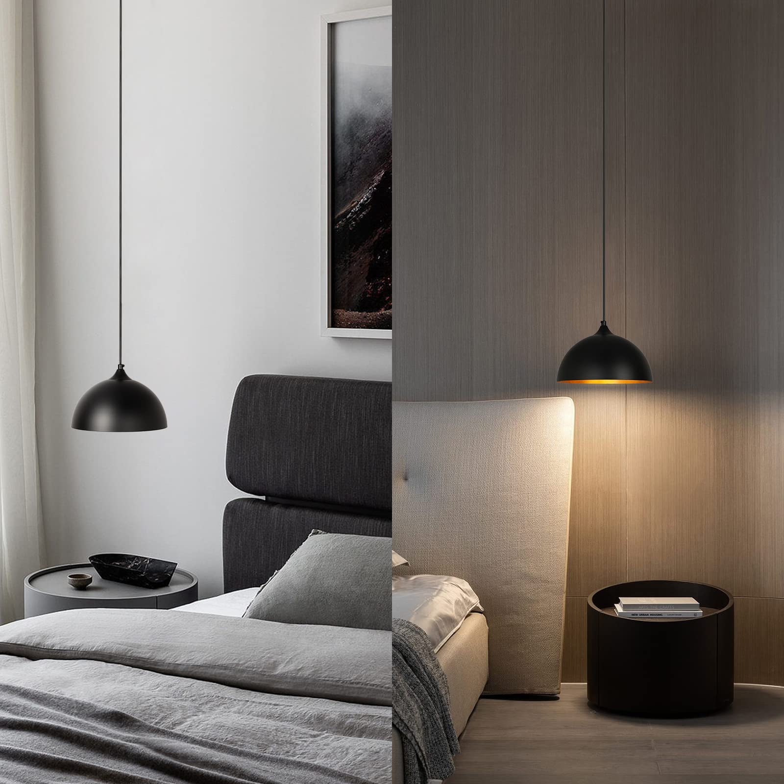 Kighsin Modern Plug In Pulley Black And Brass Domed Pendant Light With 19.4Ft Cord On/Off Switch, Retro Metal Barn Hanging Ceili