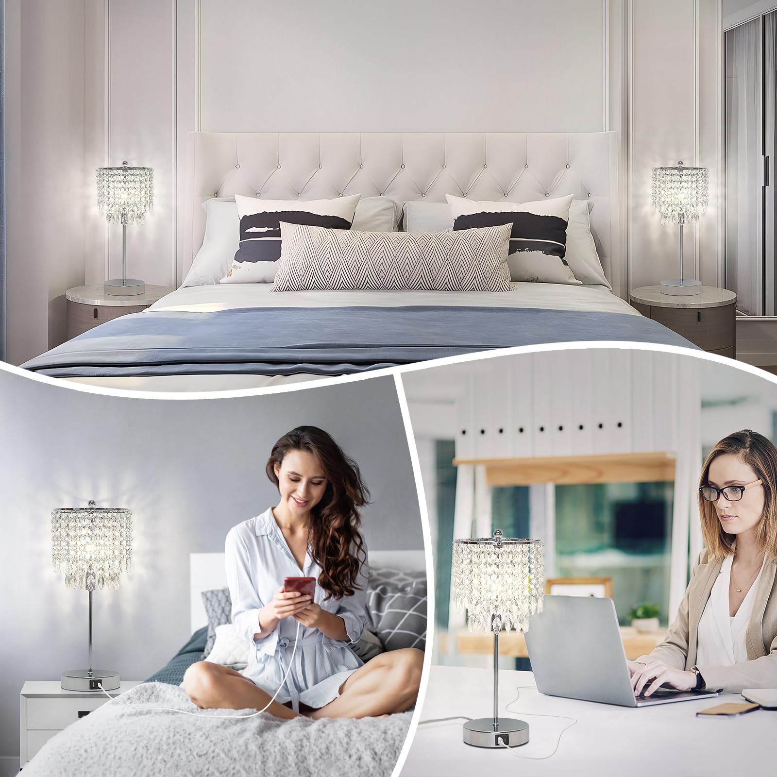Boncoo Crystal Table Lamp Set of 2, Touch Control, USB Ports, Dimmable, Silver, Includes 4W LED Bulb, Elegant Nightstand Lighting