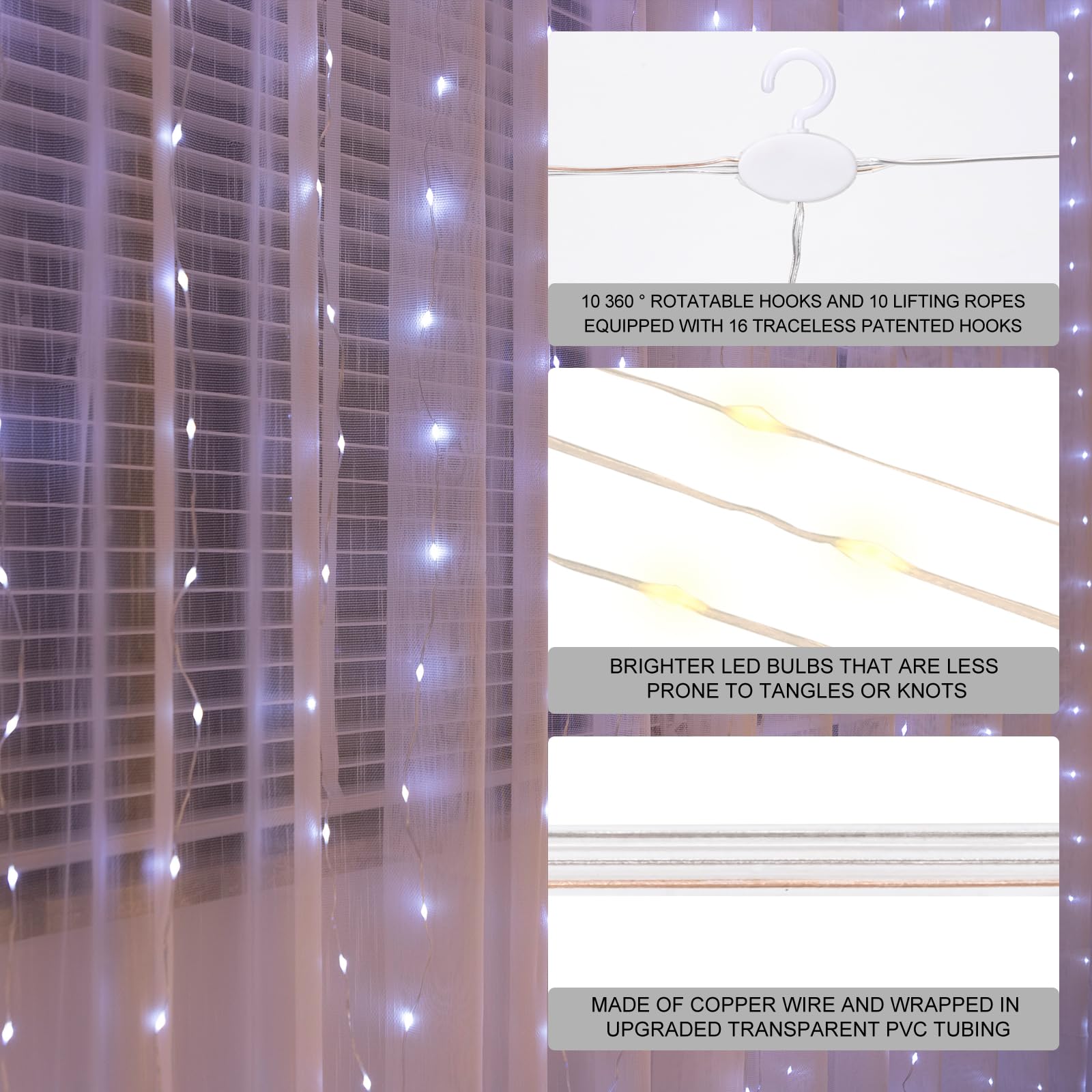 Sinamer Upgrade 300Led White Curtain Light With Untangled Wires, 9.8Ft X 9.8Ft Copper Wire String Lights, Usb Plug Hanging Window Fairy Lights, 8 Modes & Remote For Home Christmas Wedding Party