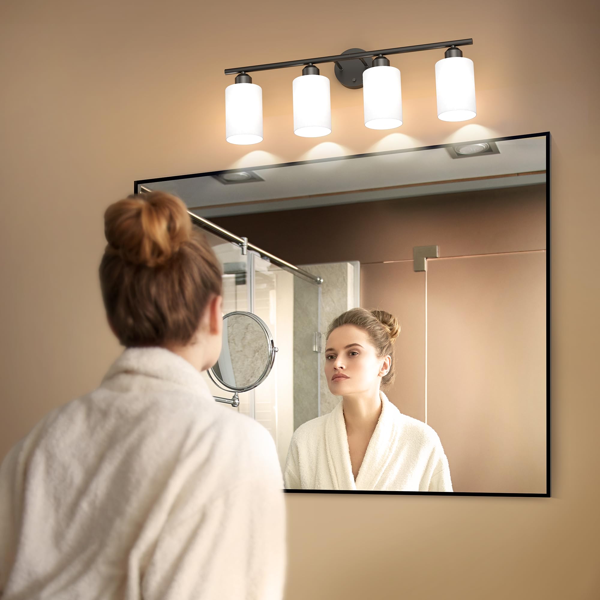 Espird 4-Lights Bathroom Light Fixtures, Matte Black Vanity Lighting, Textured Frosted Opal Shades, Model L01-4-BK-W