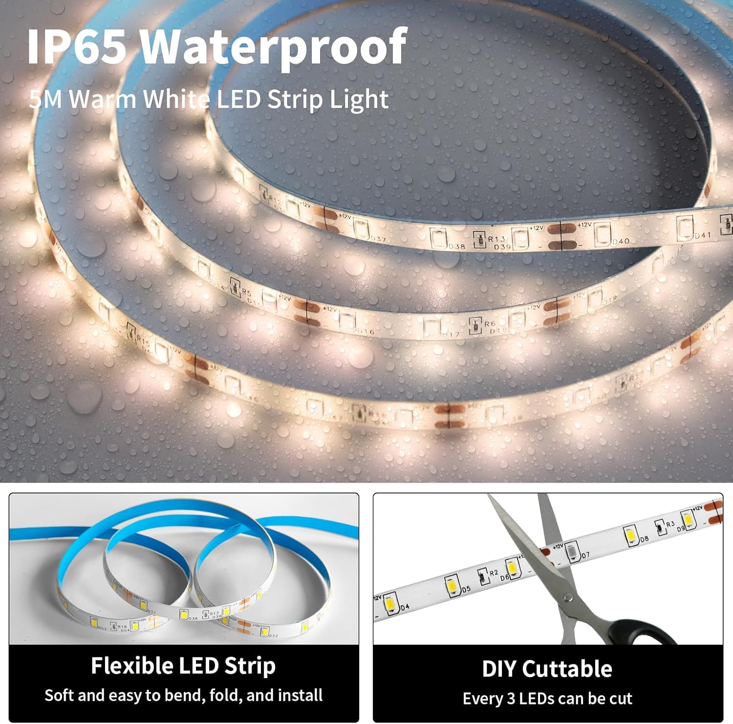 iNextStation LED Strip Light 16.4ft 300 LEDs 12V Warm White Flexible Tape Light for Bedroom Kitchen Cabinet TV