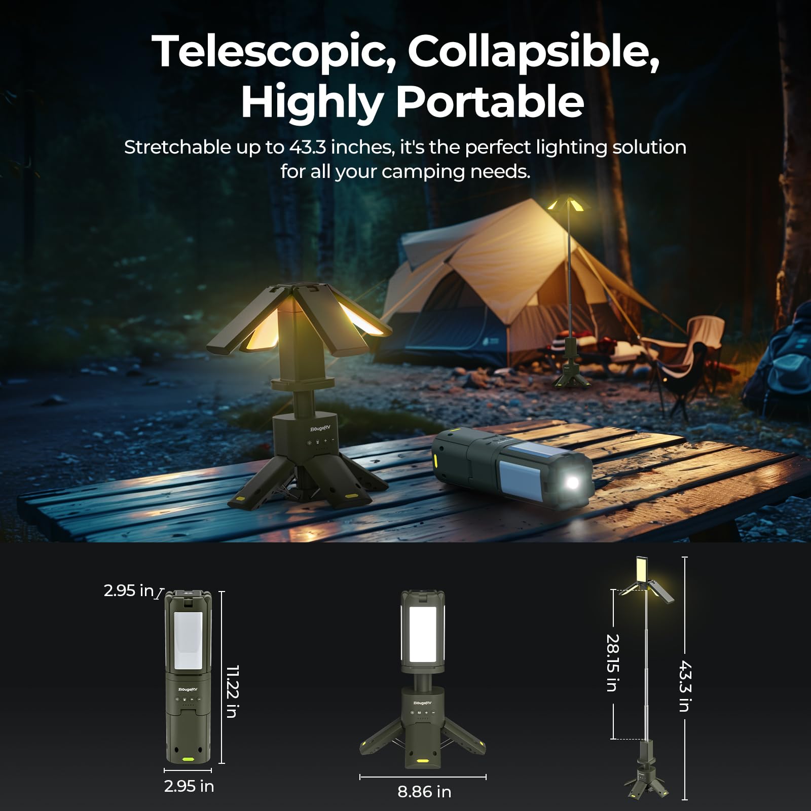 BougeRV Telescopic Camping Lantern, 13400mAh, IPX5 Waterproof, 2.95x2.95x11.22 IN, Green, Model CL01, Recharge