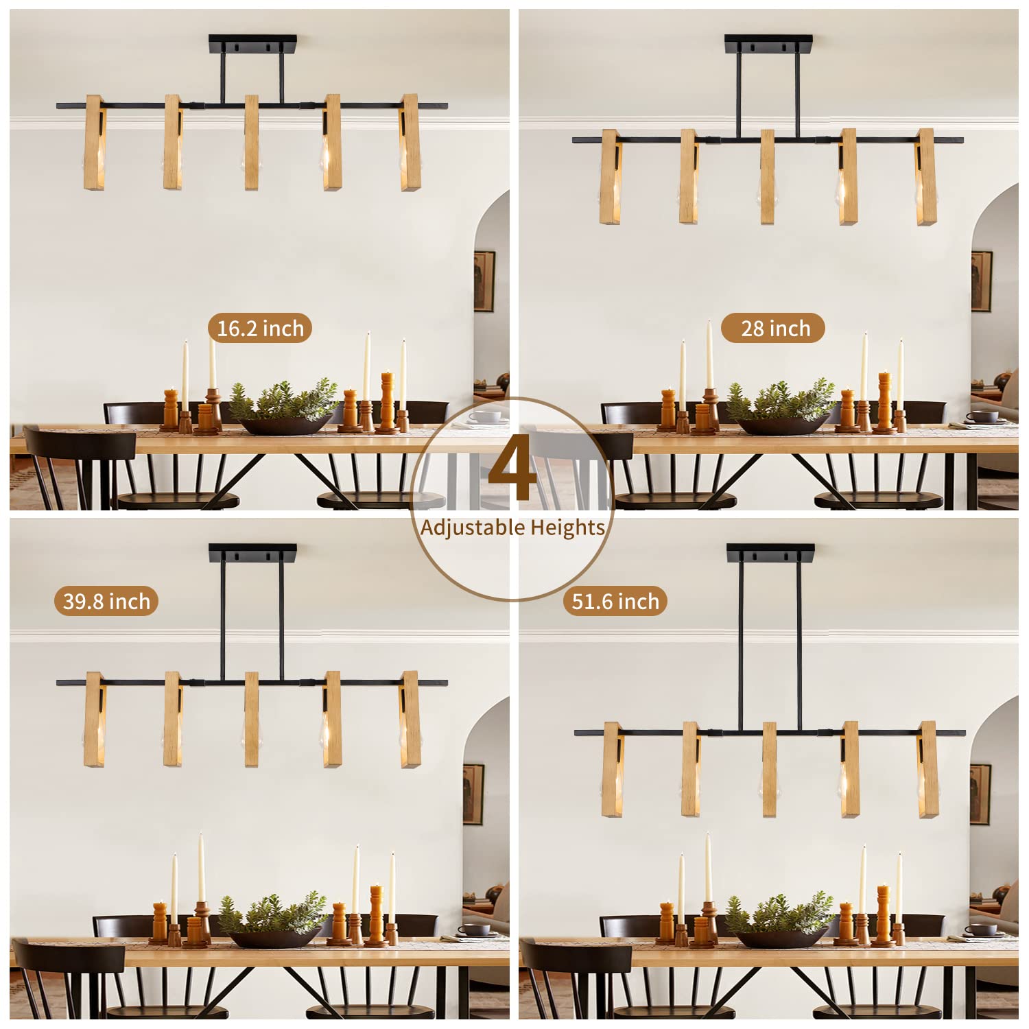 Poroulux Dining Room Chandelier Farmhouse Kitchen Island Lights Ceiling Hanging 5 Lights Wood And Black Light Fixture Rustic Pen