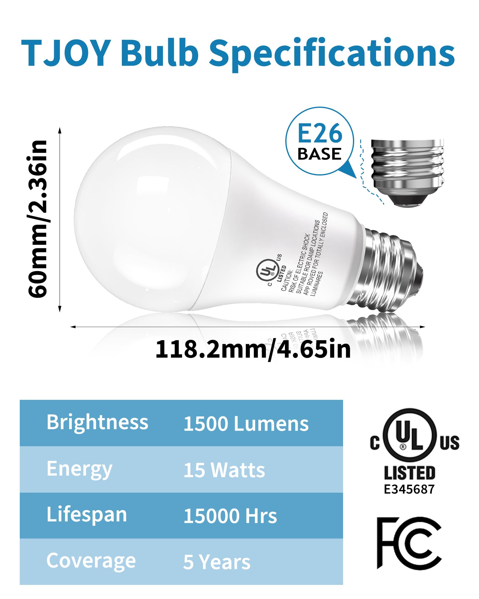 Tjoy Led Light Bulbs, 100 Watt Equivalent A19, 5000K Daylight Led Bulbs, 15W Bright White Light Bulbs, Energy Saving Light Bulb