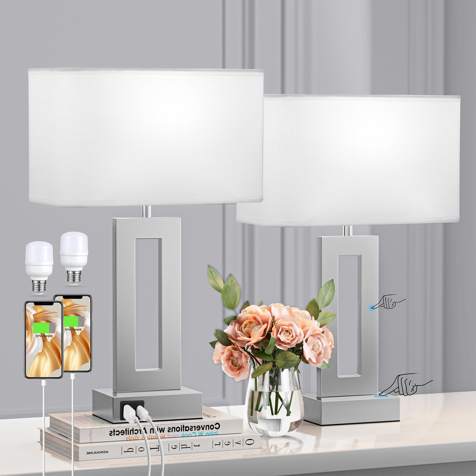 Bedroom Table Lamps Set of 2 - White Silver Touch Bedside Lamps with USB C+A, 3 Way Dimmable Gold Lamp for Nightstand, Modern Ni