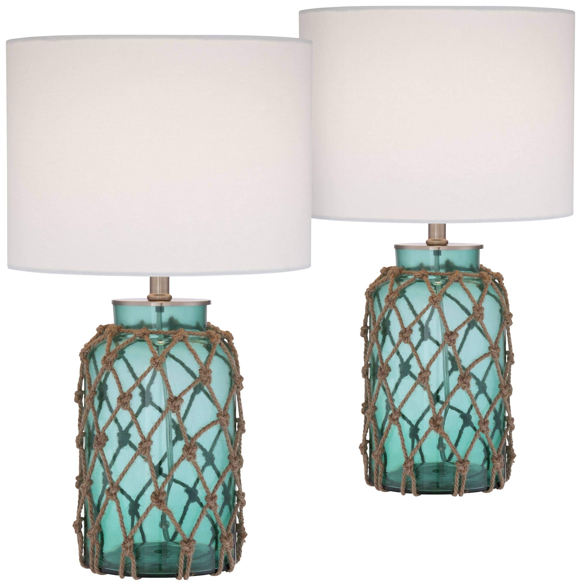 360 Lighting Crosby Cottage Accent Table Lamps 22.5 High Set Of 2 Natural Coastal Blue Green Rope Net Off White Drum Shade Decor