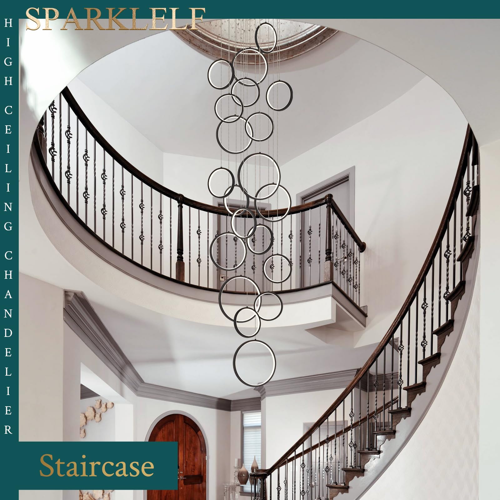 Sparklelf 20 Rings Modern Led Chandelier For High Ceiling Dimmable Black Contemporary Foyer Long Chandelier For Entryway, Long P