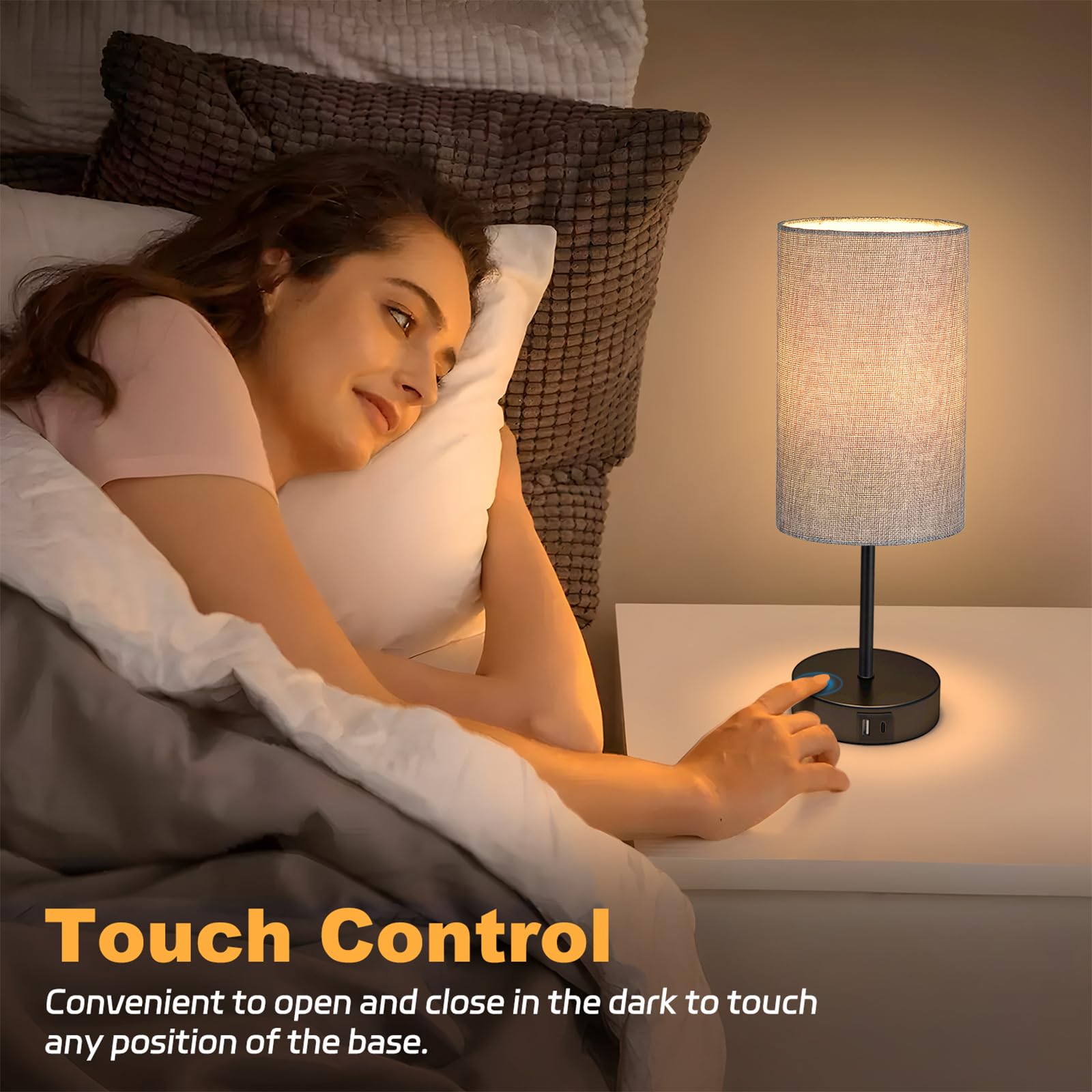 Akasuki Table Lamp For Bedroom, 3 Way Dimmable Touch Lamp With Dual Charging Station, Small Bedside Lamps For Night Stands, Livi