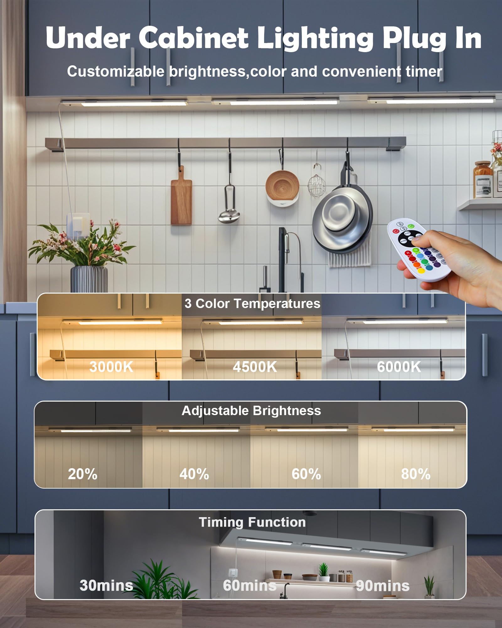 Szokled Under Cabinet Lighting Plug In, 12 Inch Ultra Thin Under Counter Lights With Dimmable & Timer, 15 Color Closet Light For