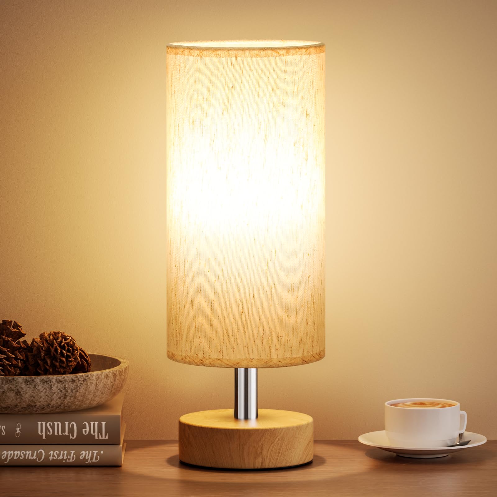 PartageiZ Small Table Lamp - Cream Shade, Wood Base, 11.6in Inline Control, Minimalist Design for Bedroom, Office, Living Room, Kids Room