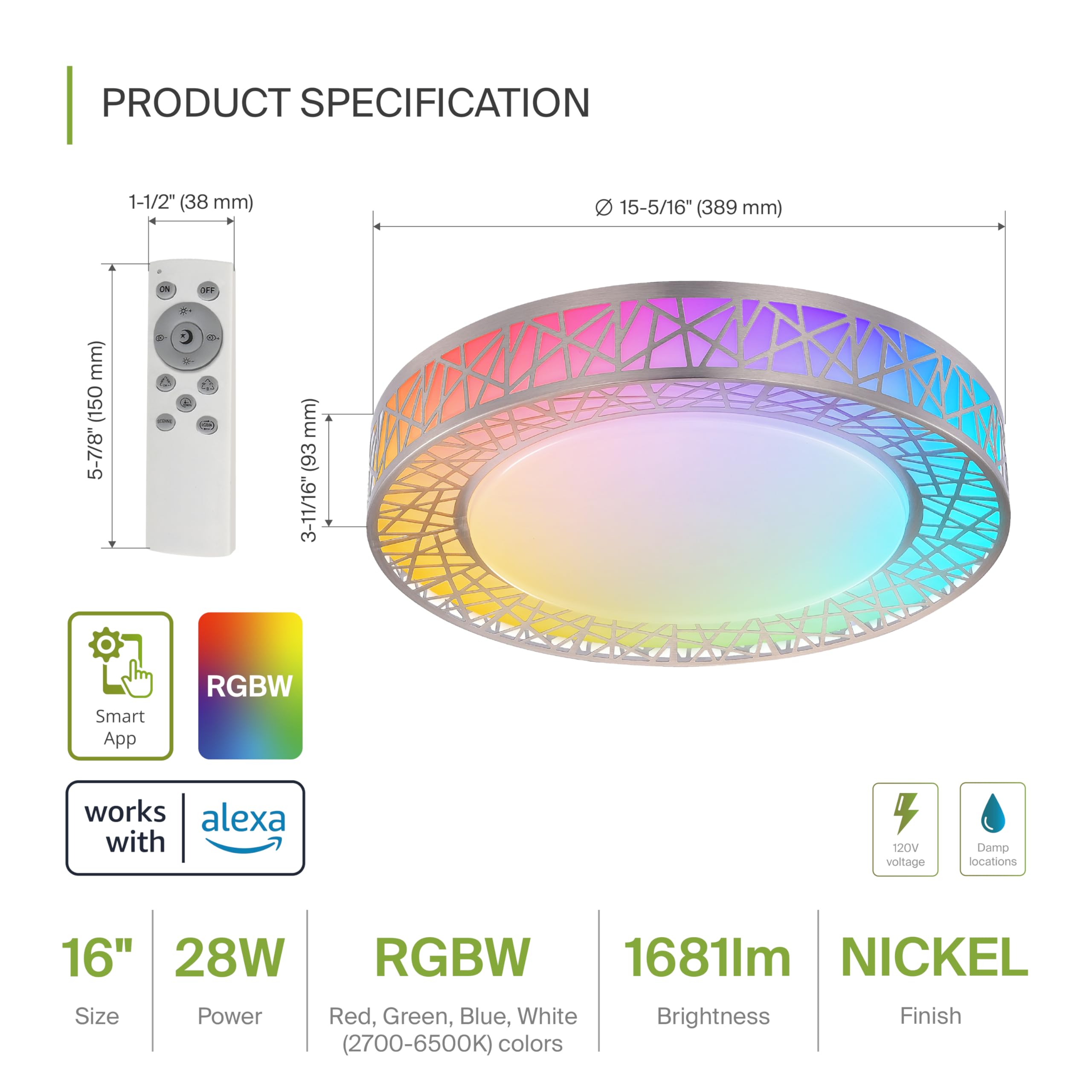 Asd 16 Inch Smart Rgbw Flush Mount Ceiling Light With Remote - Brushed Nickel 28W 120V 2700-6500K Dimmable Ceiling Light Fixture