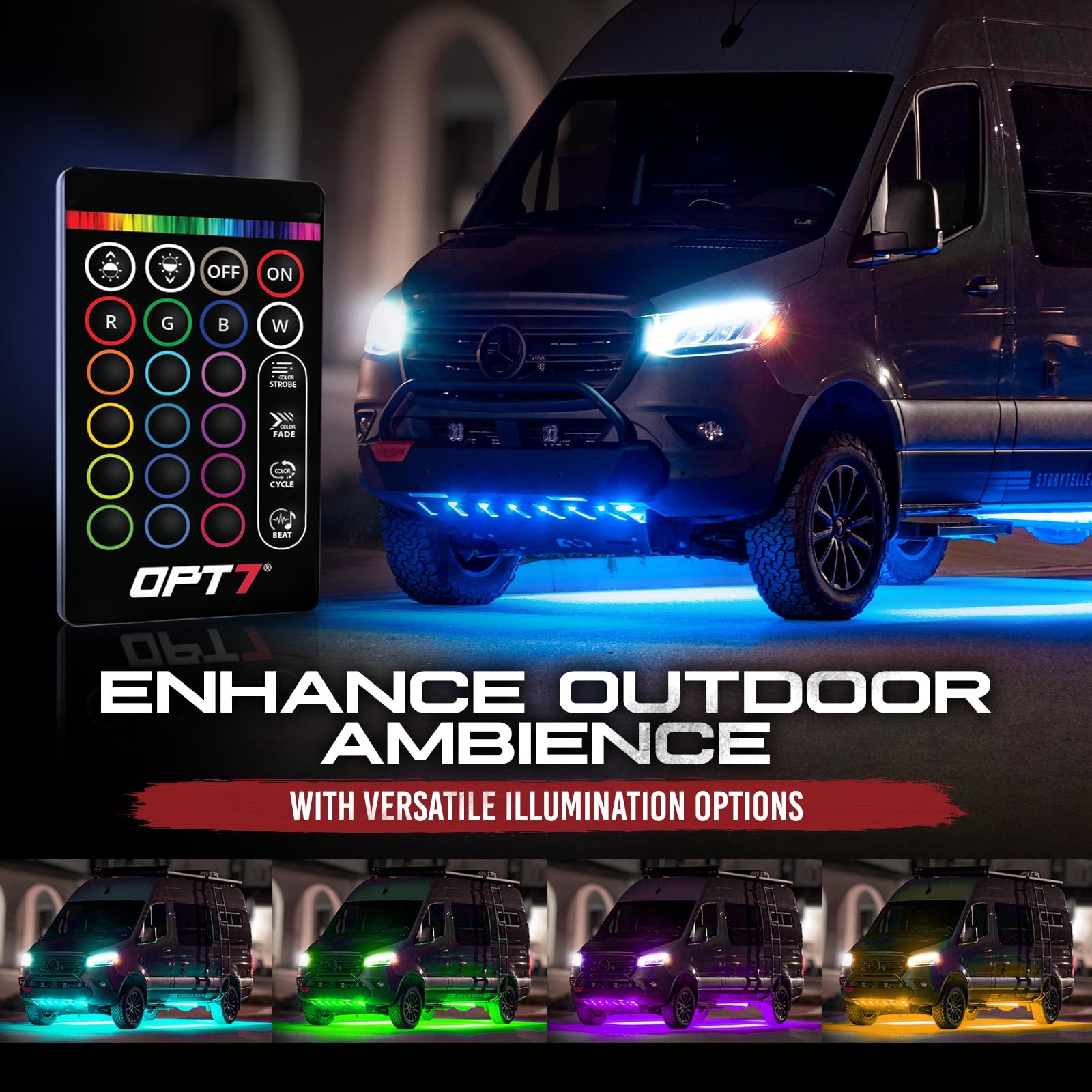 OPT7 Aura LED Underglow Lights for RV Camper Van, 12V Waterproof, RGB Multicolor, Model AURA-UNDERBODY-RGB-CLASSB-12PC-G3-M