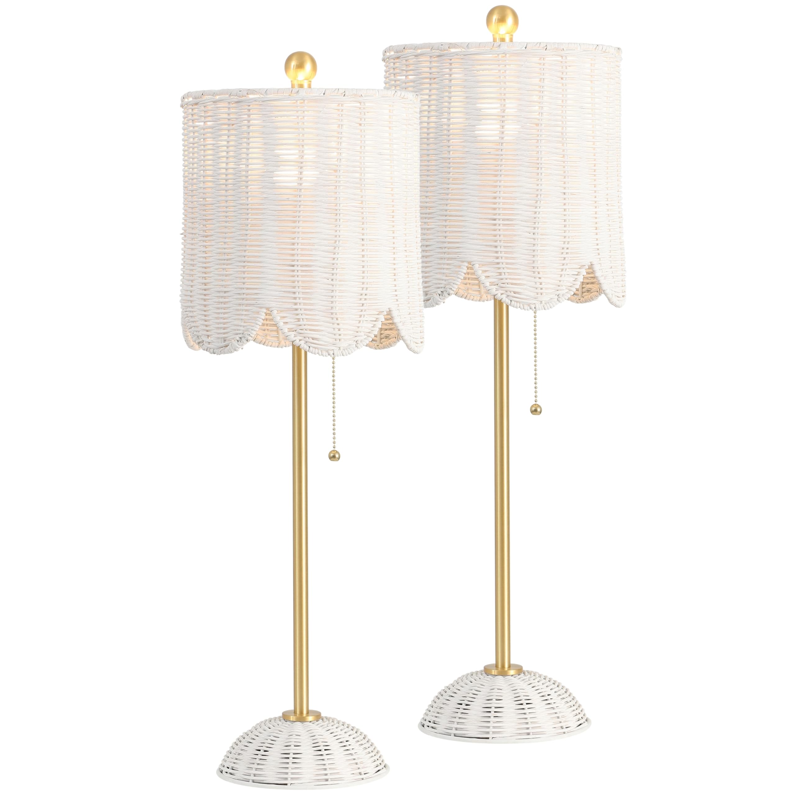 JONATHAN Y 27.5 White/Brass Gold Coastal Buffet Table Lamp Set of 2 for Bedroom, Boho Table Lamps with Natural Rattan Scalloped 