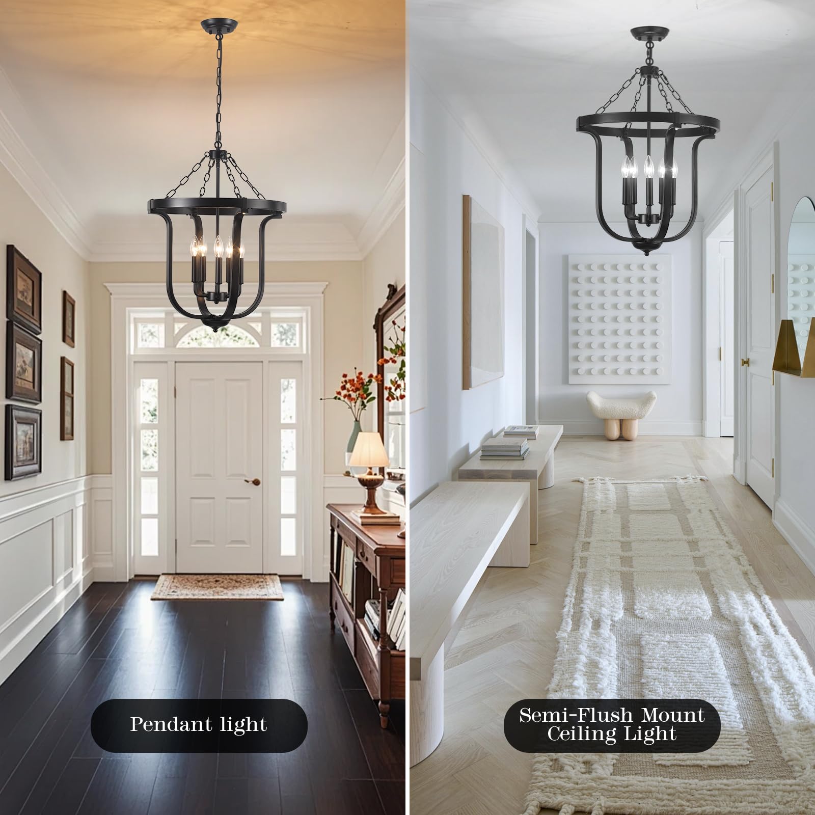 Black Farmhouse Chandelier 5 Lights,19    Industrial Lantern Entryway Light Fixture With Metal Cage Height Adjustable Rustic Han