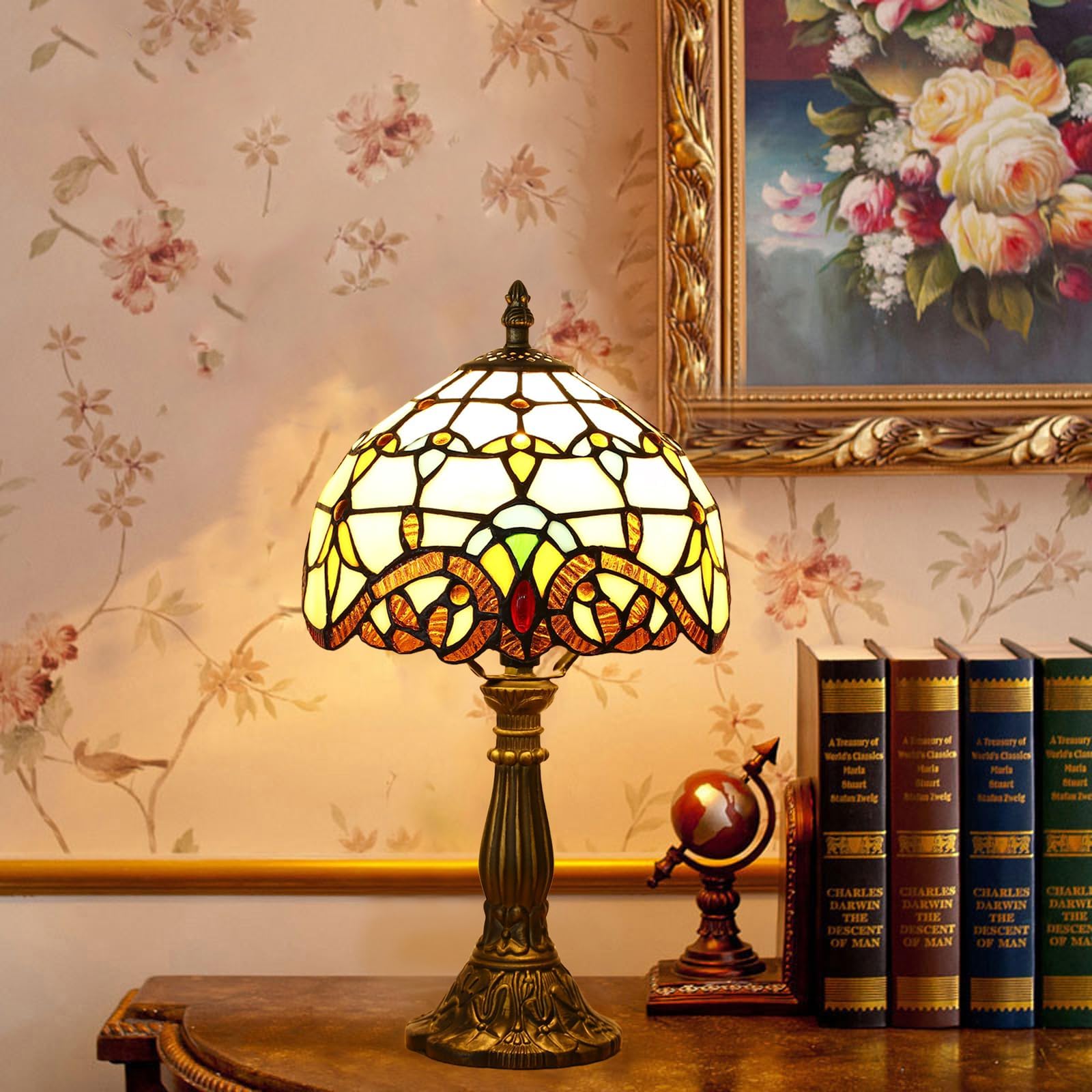 tuomoxte Tiffany Style Table Lamp - Baroque Stained Glass, 8 Inch Small Antique, Yellow, Includes LED Bulb, Model XK015