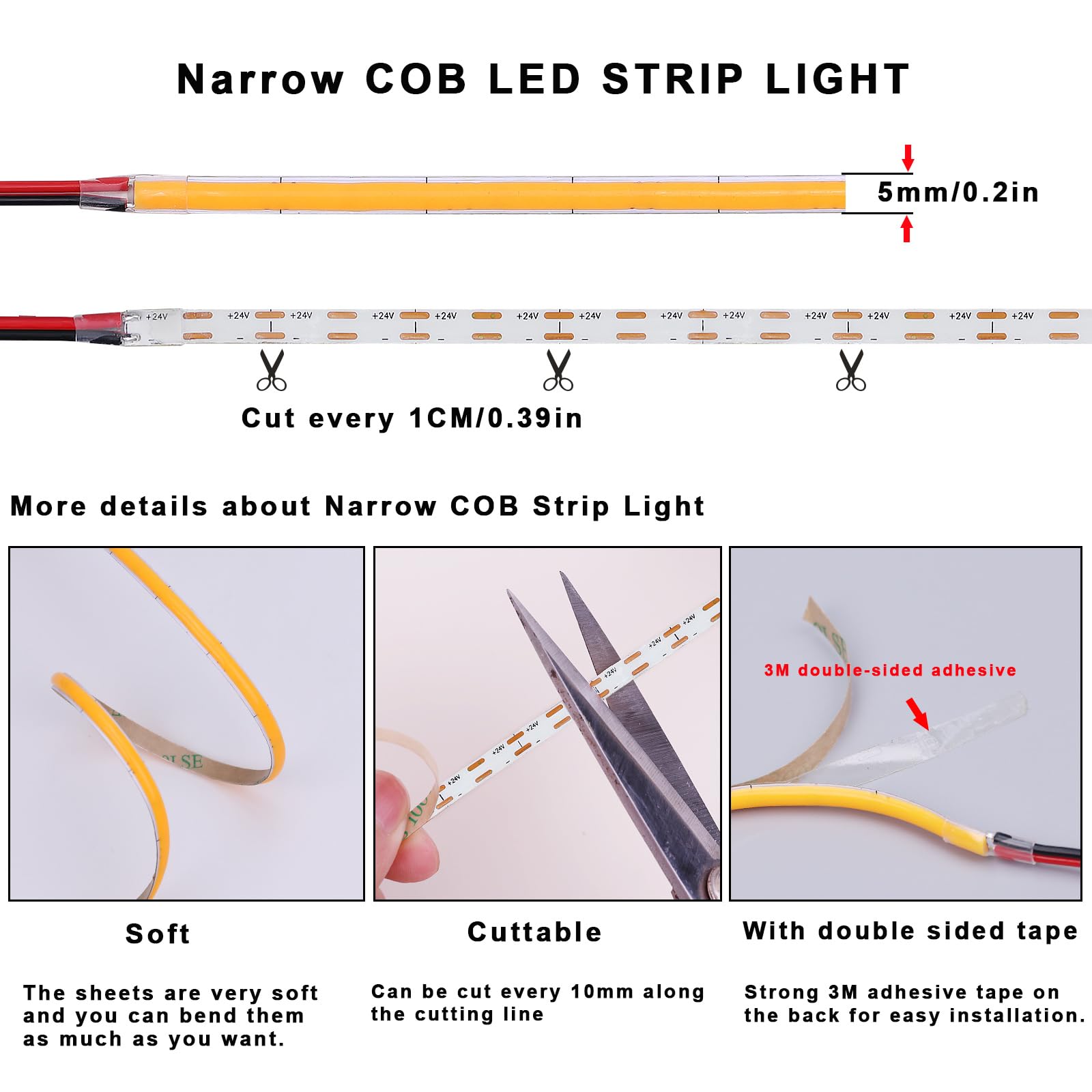 Topai 24V Thin 5Mm Gold Yellow Cob Led Strip 16.4Ft Narrow Led Tape Light Dotless 400Leds/M High Density Cuttable Flexible For Cabinet Home Diy Lighting Projects