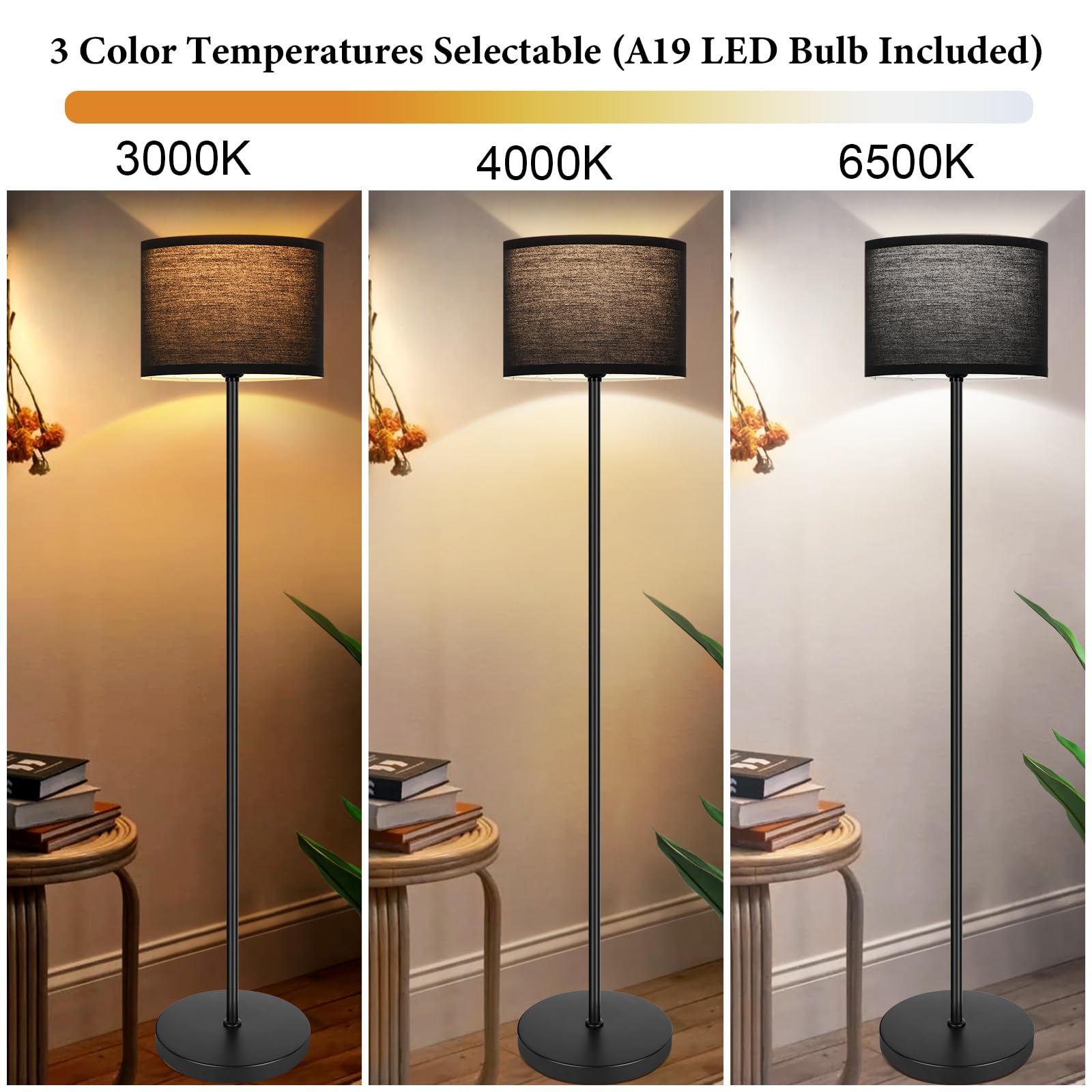 65? Black Floor Lamp For Bedroom, Living Room Pole Floor Light With Black Shade, Modern Tall Standing Floor Lamp With 3-Color Ch