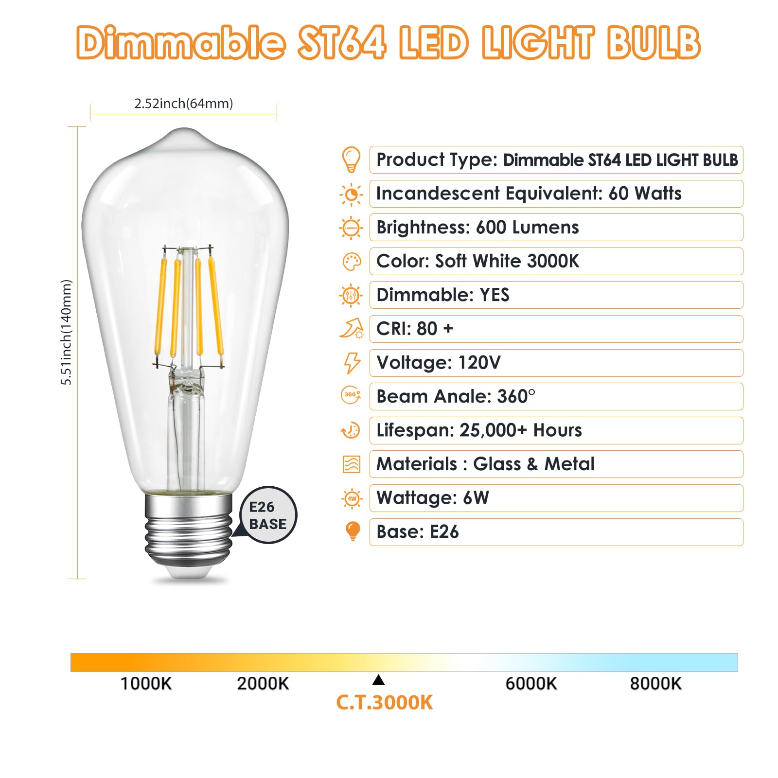Qingmiao Dimmable Led Edison Bulbs, St64 E26 Base Led Light Bulbs, 6W, 3000K Soft White, Vintage Clear Glass Led Filament Bulb F