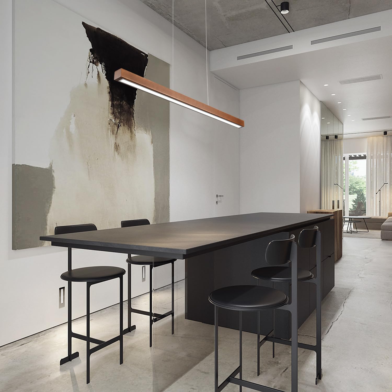 31.5 Wood Linear Pendant Light - Dimmable Led Chandelier With Remote  Adjustable Modern Farmhouse Lighting For Kitchen Islands  Dining Rooms & Bars Walnut Color (19W Energy-Efficient)
